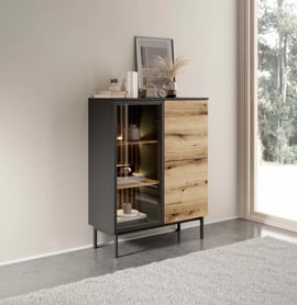 Nízká vitrína Noro 100 cm s LED osvětlením - dub evoke / černá Vitrína nízká Noro 100 cm s osvětlením LED - dub evoke / černá