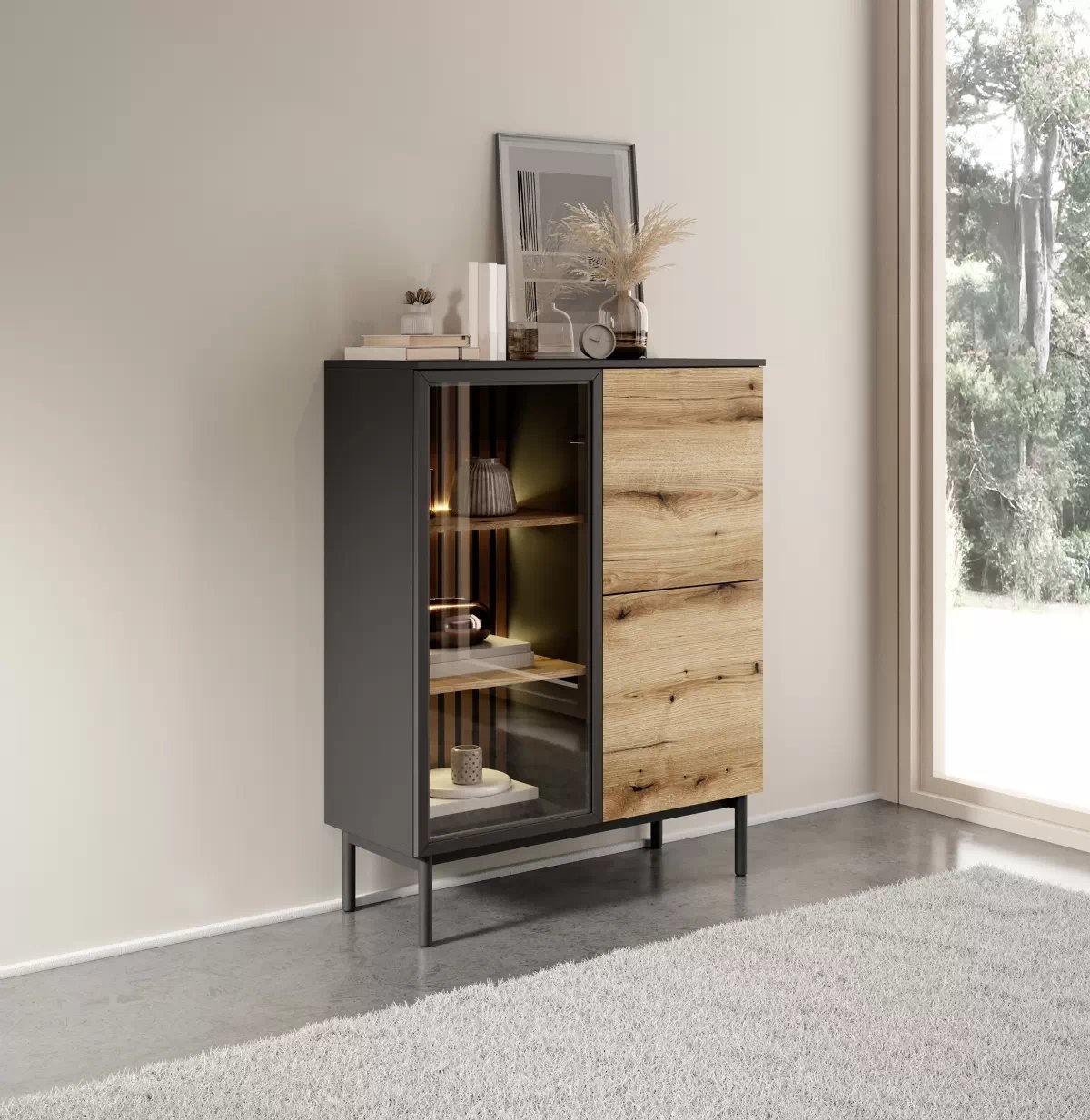 Nízka vitrína Noro 100 cm s LED osvetlením - dub evoke / čierna Vitrína nízka Noro 100 cm s osvetlením LED - Dub evoke / Čierny