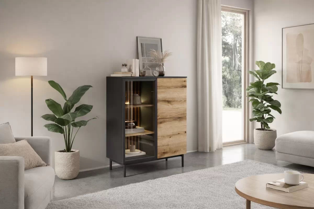 Nízka vitrína Noro 100 cm s LED osvetlením - dub evoke / čierna Vitrína nízka Noro 100 cm s osvetlením LED - Dub evoke / Čierny