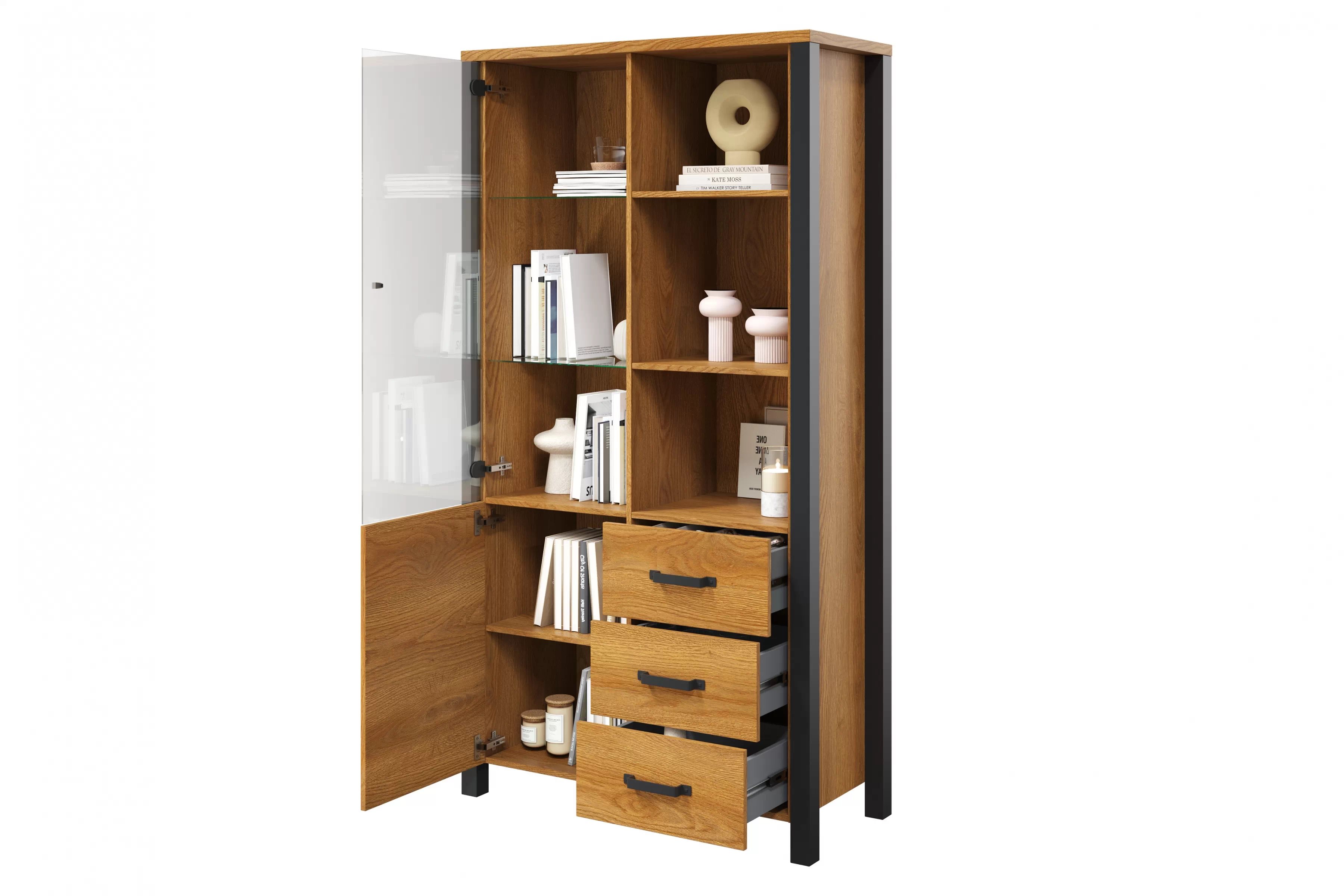 Vitrína Olin 13 101 cm so zásuvkami - Dub karmel / Čierny supermat - ponuka Limitowana Vitrína Olin 13 101 cm so zásuvkami - Dub karmel / Čierny supermat