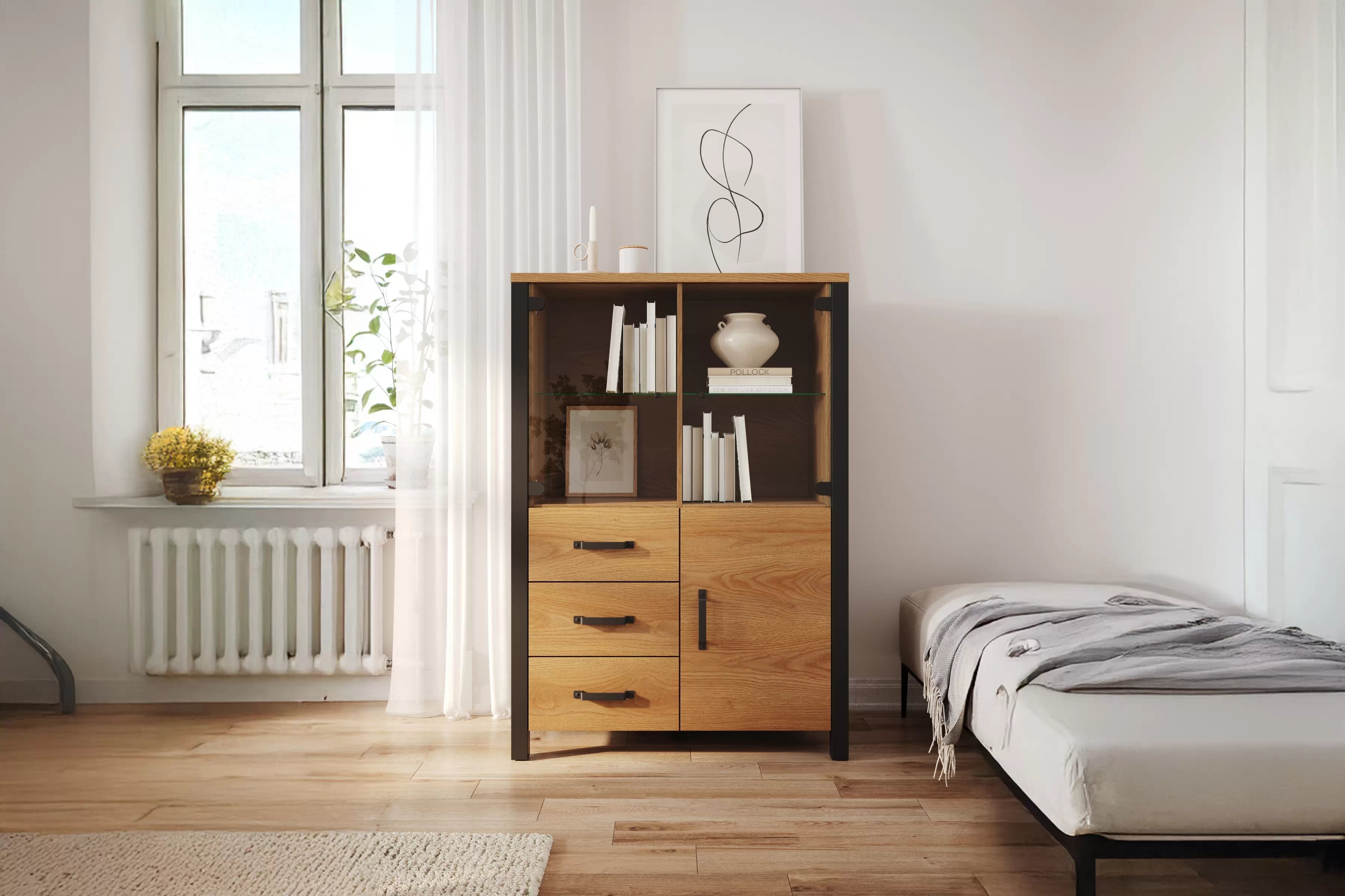 Vitrína Olin 44 101 cm so zásuvkami - Dub karmel / Čierny supermat - ponuka Limitowana Vitrína Olin 44 101 cm so zásuvkami - Dub karmel / Čierny supermat