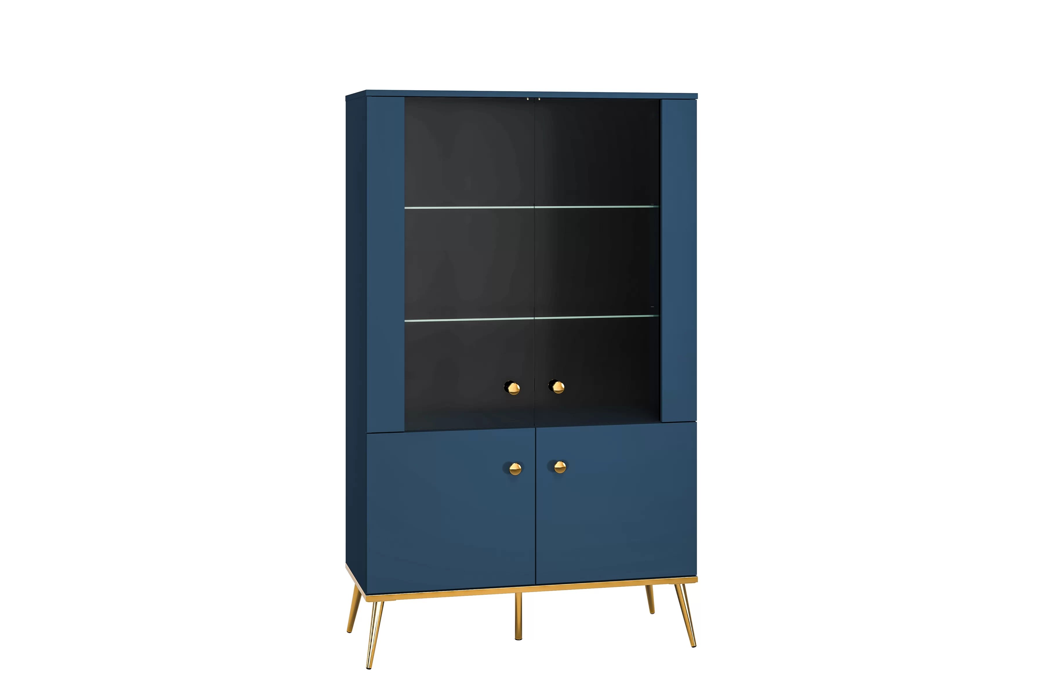 Vitrína Naemo 92 cm čtyřdveřová - tmavě modrá / zlatá Vitrína prosklená čtyřdveřová Naemo 02 - blankyt tmavý / zlatá