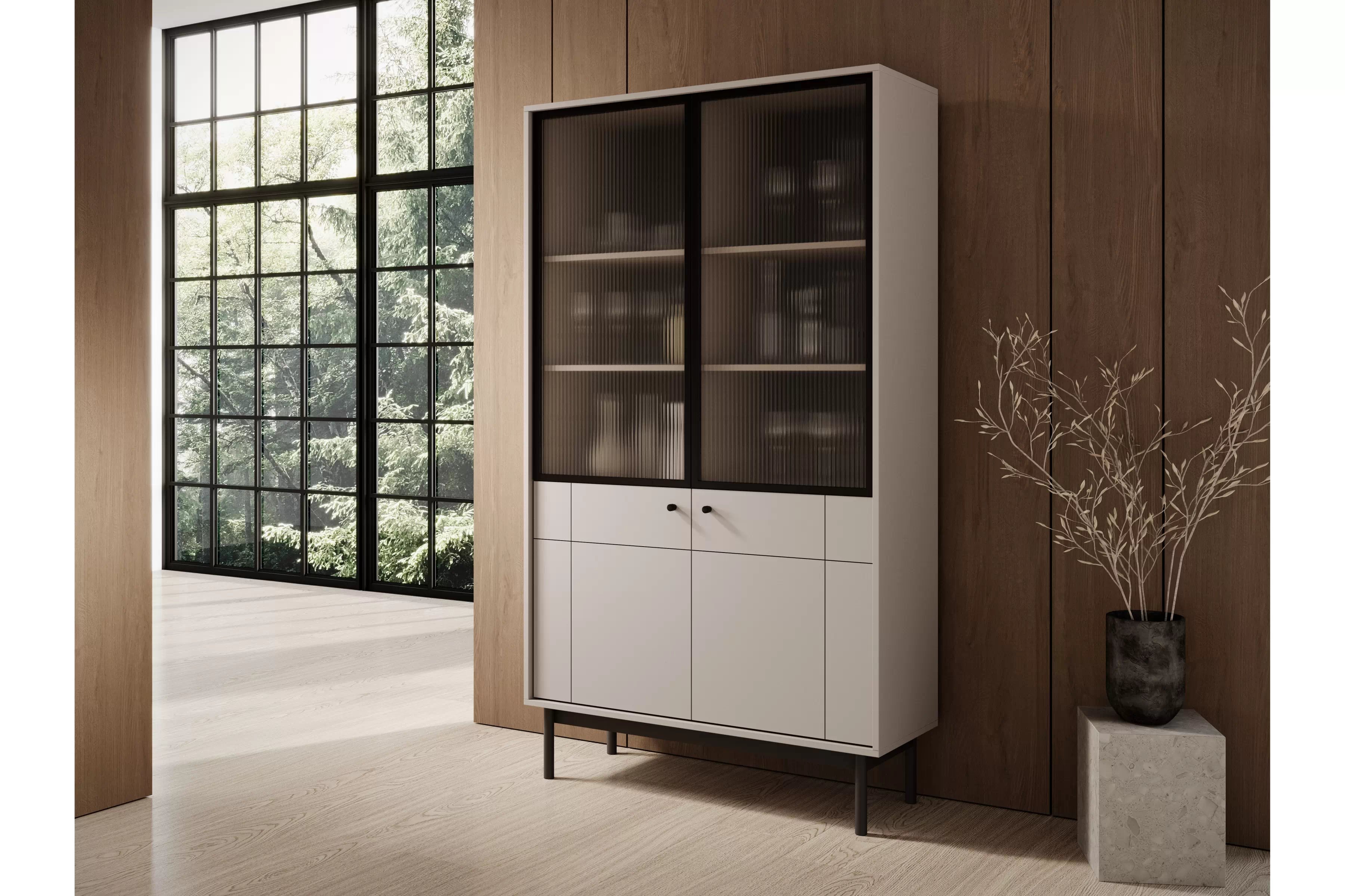 Stojaca vitrína Jolinio 104 cm - kašmír / čierne nohy Vitrína stojaca Jolinio 104 cm - kašmír / čierny nožičky