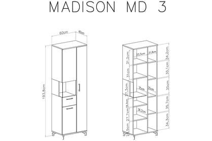 Vitrína Madison MD3 třídveřová - bílá / dub piškotový Vitrína třídveřová Madison MD3 - Bílý / dub piškotový - Rozměry