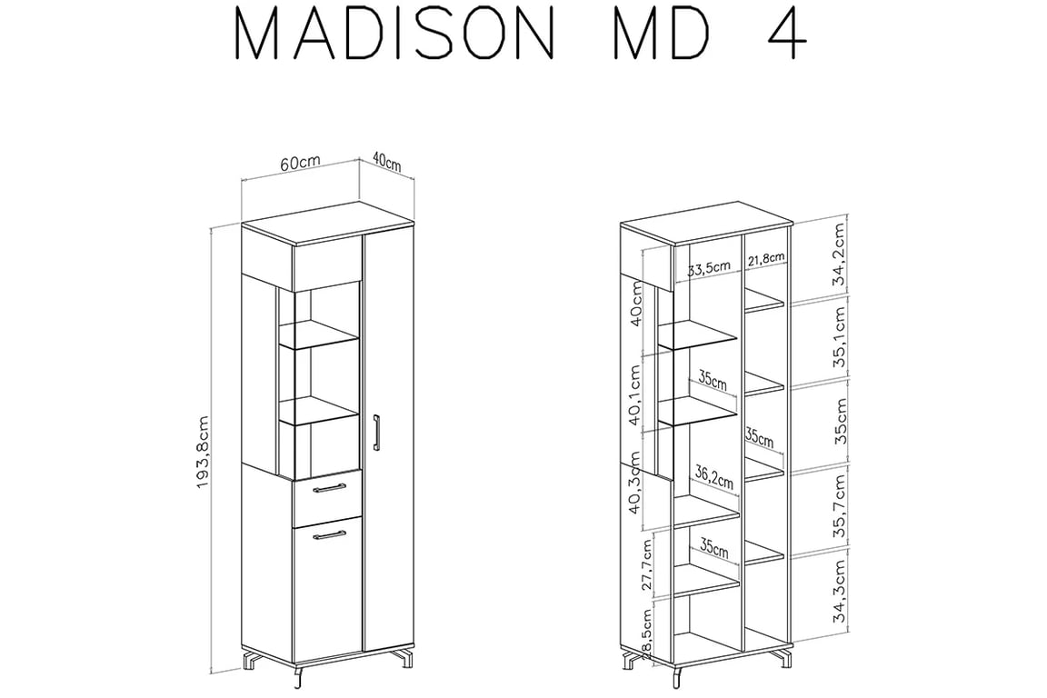 Vitrína Madison MD4 třídveřová - bílá / dub piškotový Vitrína třídveřová Madison MD4 - Bílý / dub piškotový - Rozměry