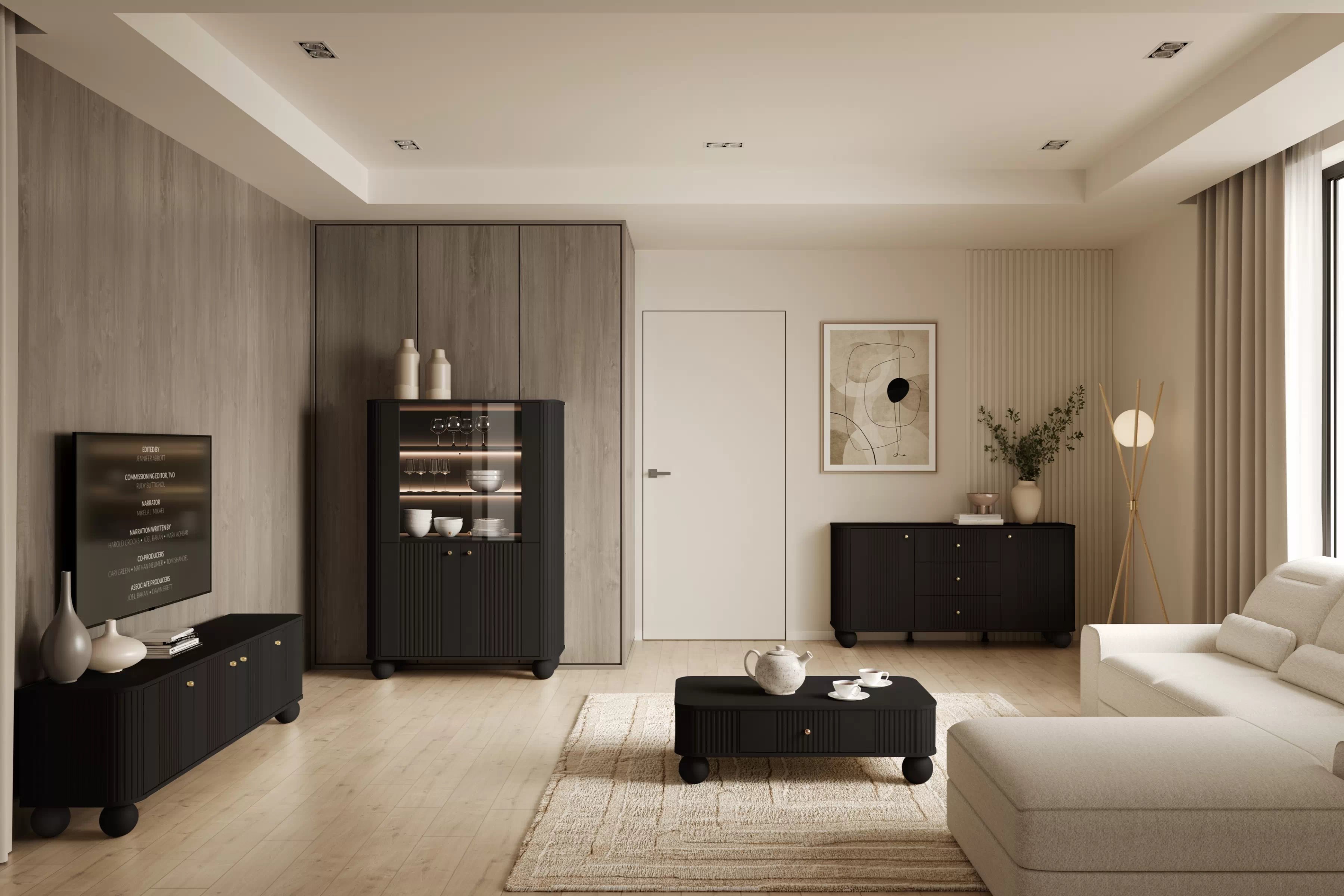 Vitrína Vesper 103 cm - čierna / zlaté úchytky / guľové nožičky Vitrína Vesper do obývacej izby - Čierny / zlote úchyty / nožičky kule