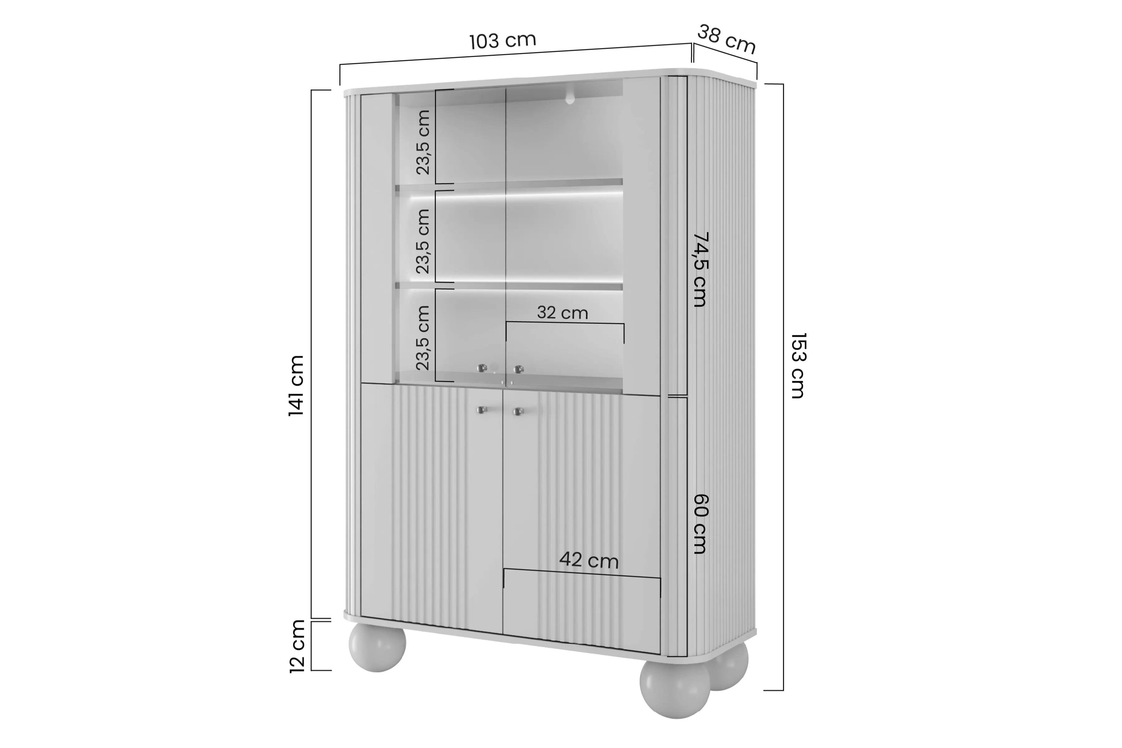 Vitrína Vesper 103 cm - čierna / zlaté úchytky / guľové nožičky Vitrína Vesper do obývacej izby - Čierny / zlote úchyty / nožičky kule