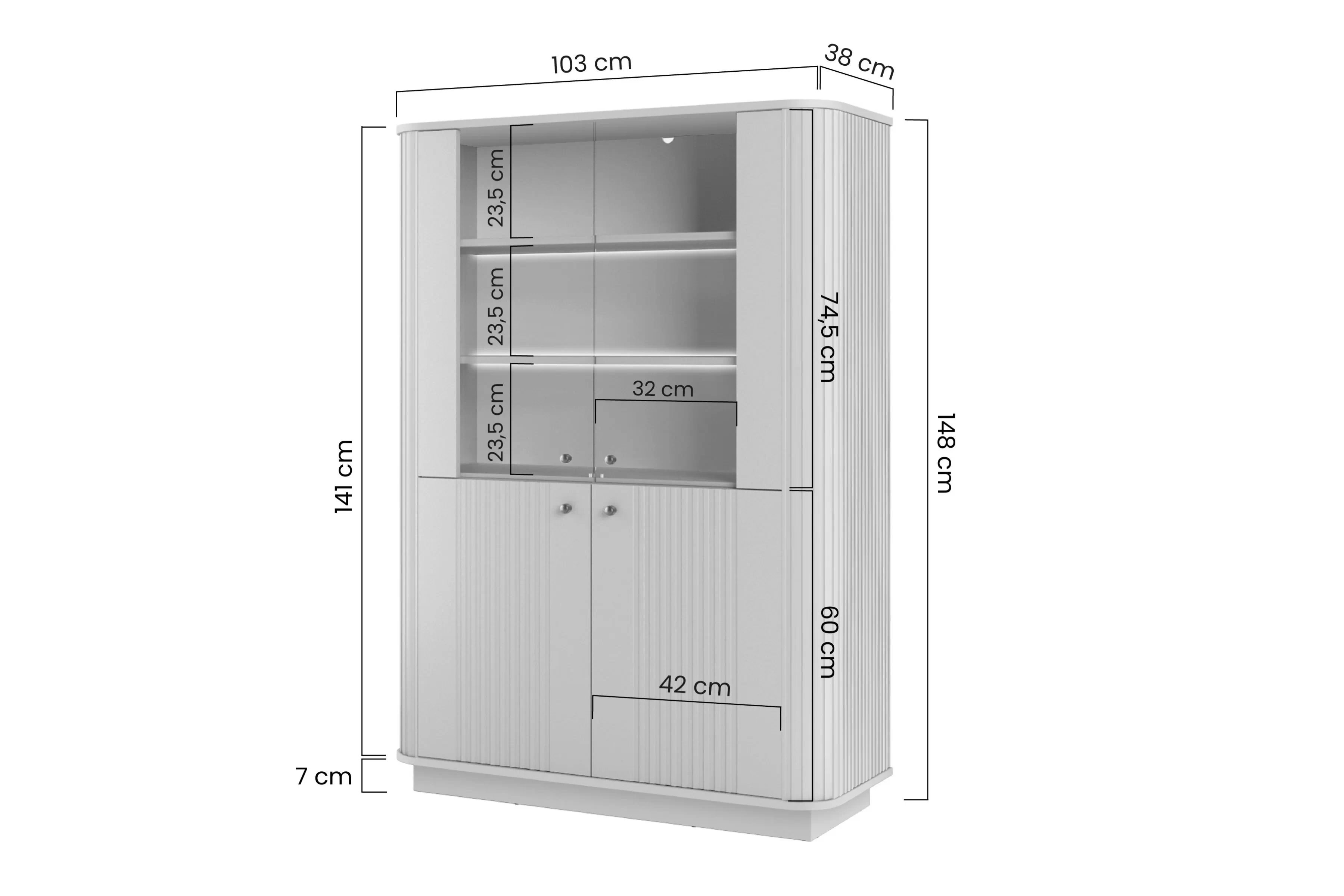 Vitrína Vespera 103 cm na sokli - kašmírová / čierna Vitrína Vesper do obývacej izby - kašmír / čierny úchyty