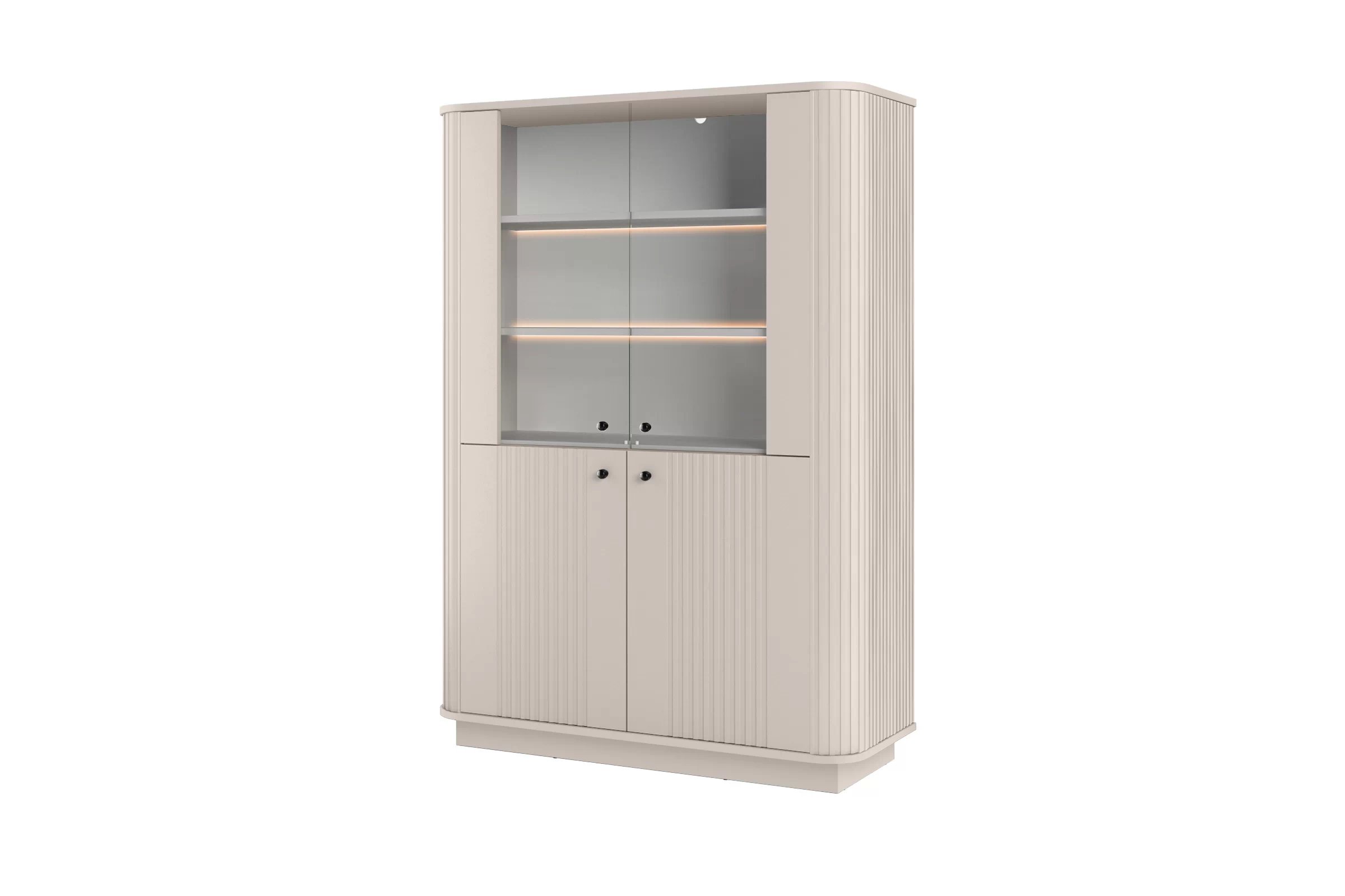 Vitrína Vespera 103 cm na sokli - kašmírová / čierna Vitrína Vesper do obývacej izby - kašmír / čierny úchyty