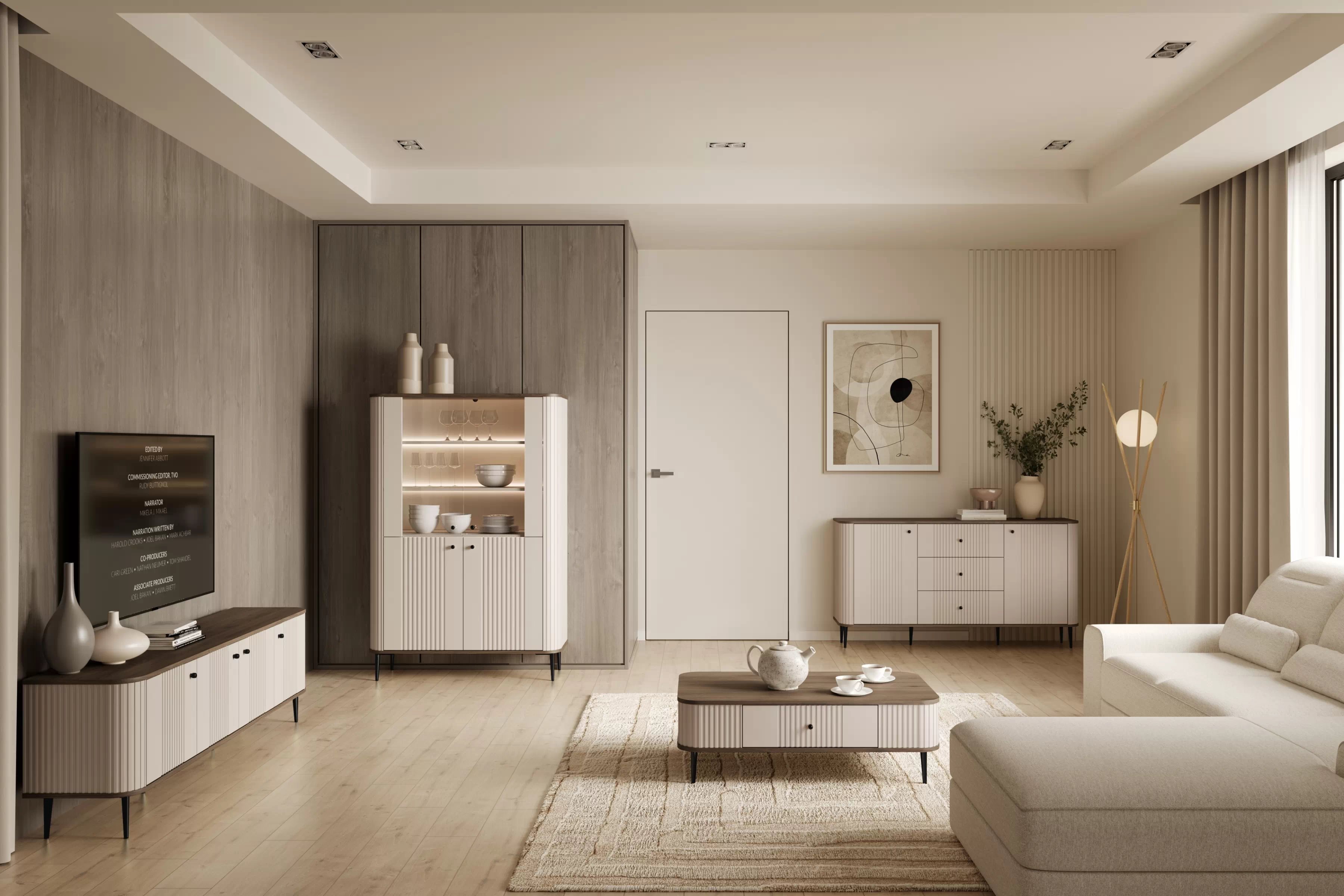 Vitrína Vesper 103 cm - kašmírová / orech / čierne nožičky Vitrína Vesper do obývacej izby - kašmír / Orech / čierny nožičky