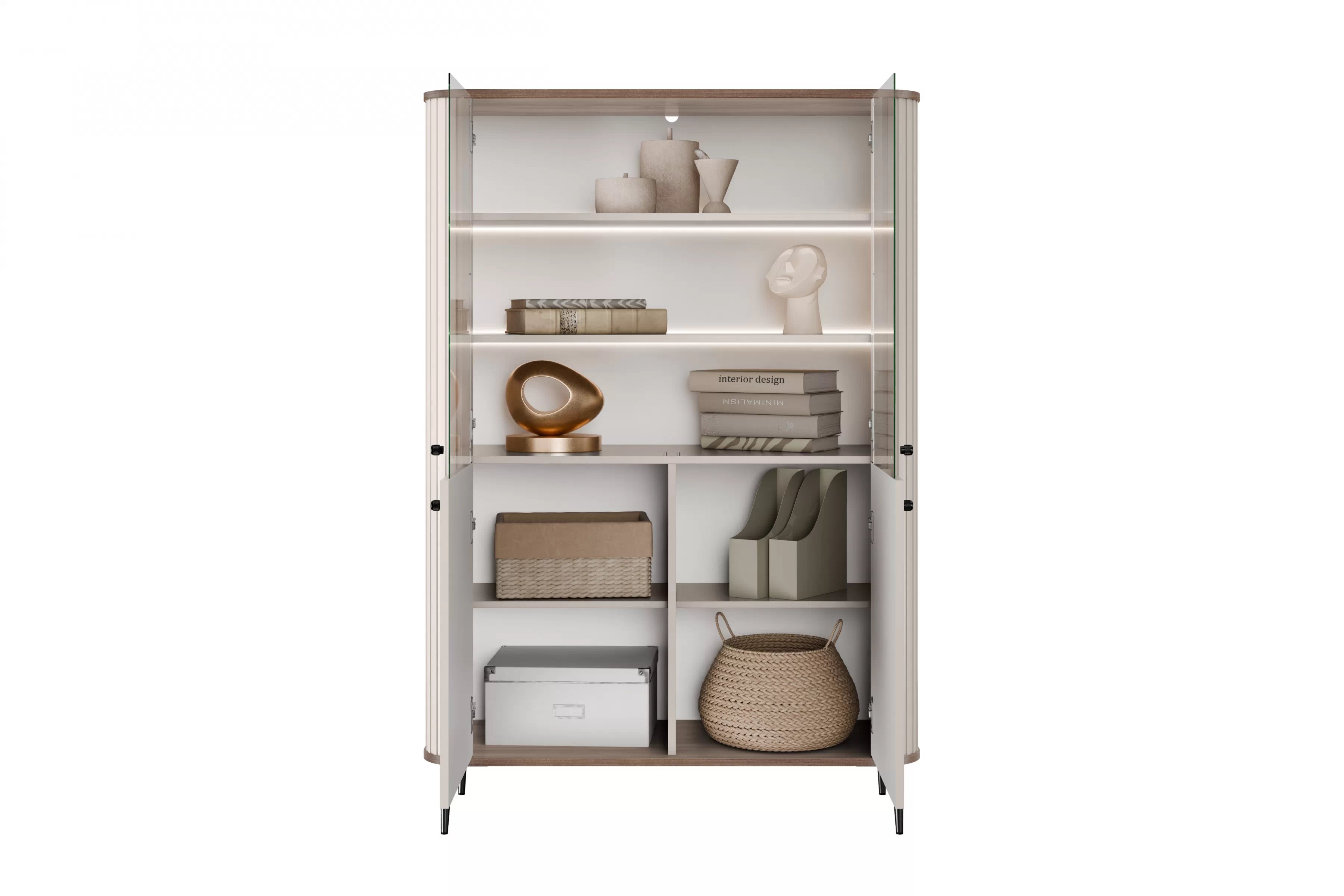 Vitrína Vesper 103 cm - kašmírová / orech / čierne nožičky Vitrína Vesper do obývacej izby - kašmír / Orech / čierny nožičky