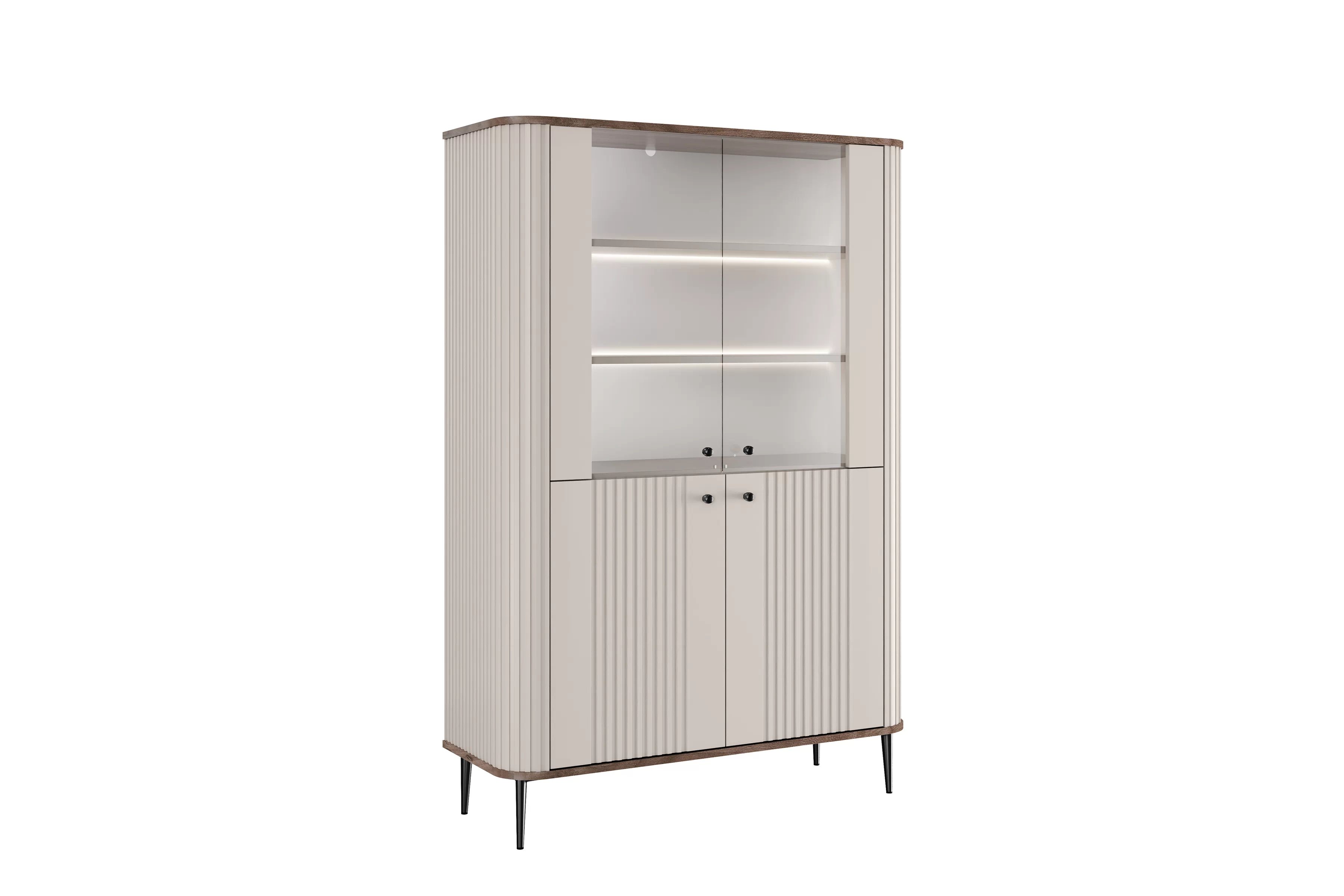 Vitrína Vesper 103 cm čtyřdveřová - kašmír / ořech / černé nohy Vitrína Vesper pro obývacího pokoje - kašmír / ořech / černé nožičky
