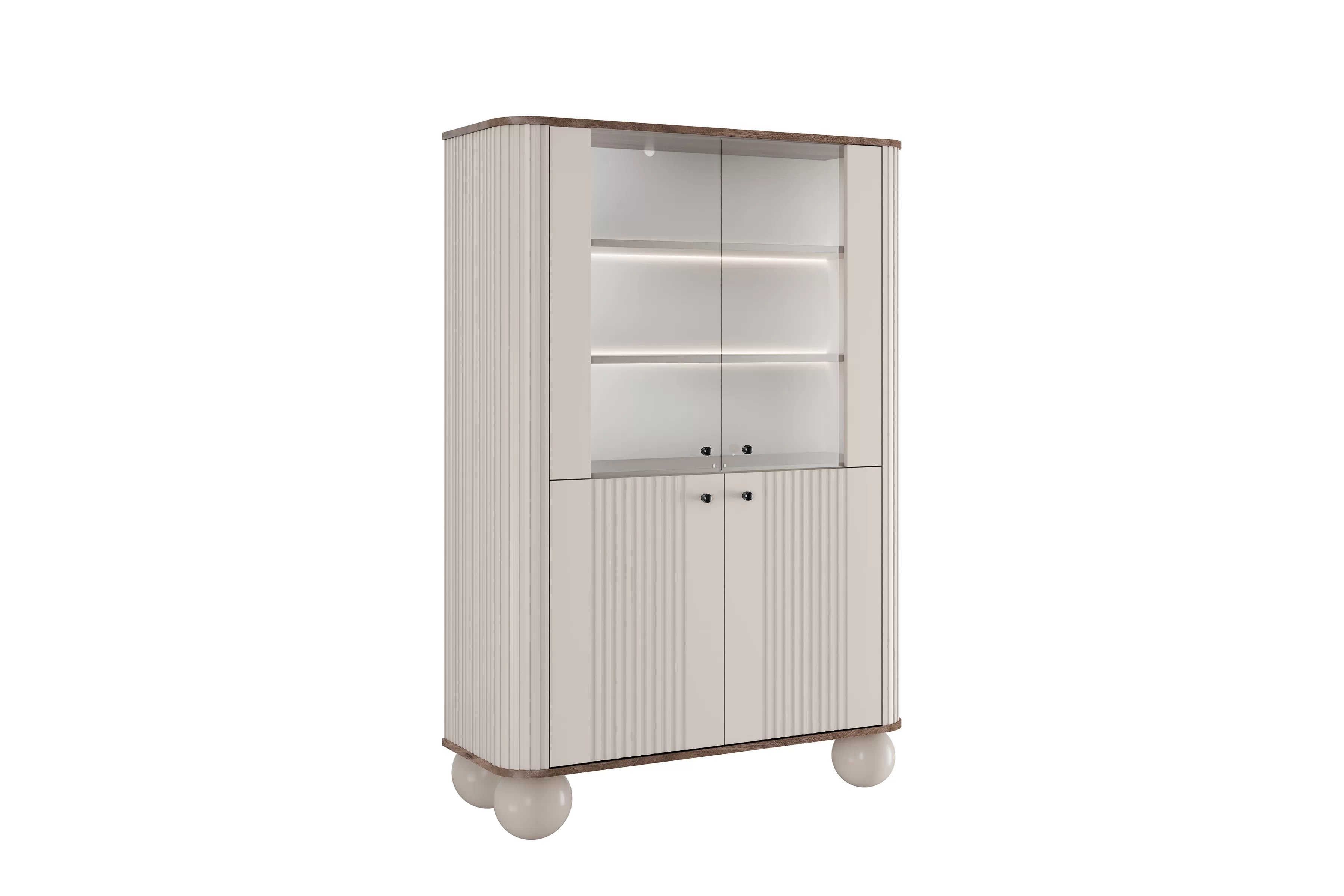 Vitrína Vesper 103 cm štvordverová - kašmír / orech / čierne úchytky / guľaté nohy Vitrína Vesper do obývacej izby - kašmír / Orech / čierny úchyty / nožičky kule