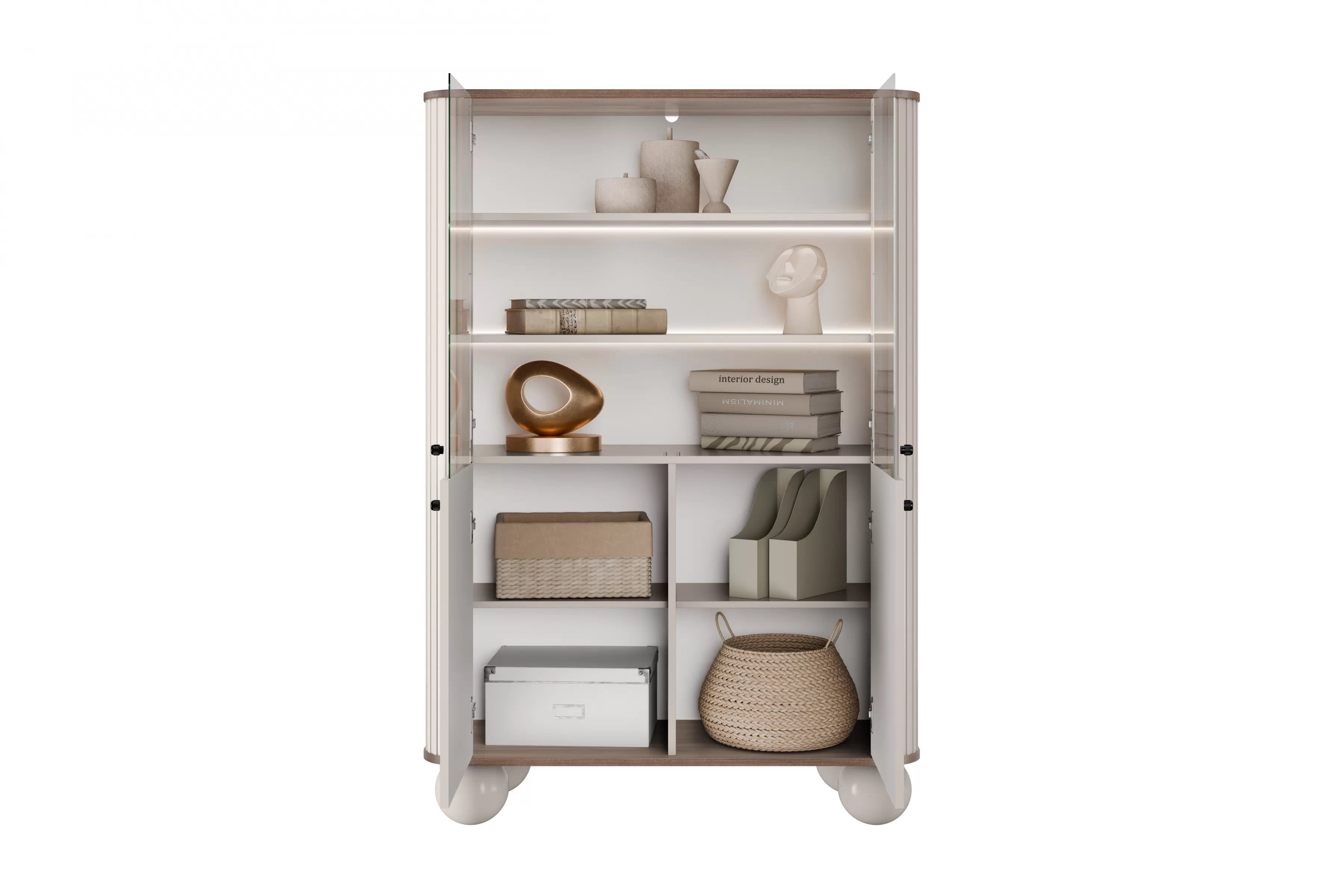 Vitrína Vesper 103 cm - kašmírová / orech / čierne úchytky / guľové nožičky Vitrína Vesper do obývacej izby - kašmír / Orech / čierny úchyty / nožičky kule