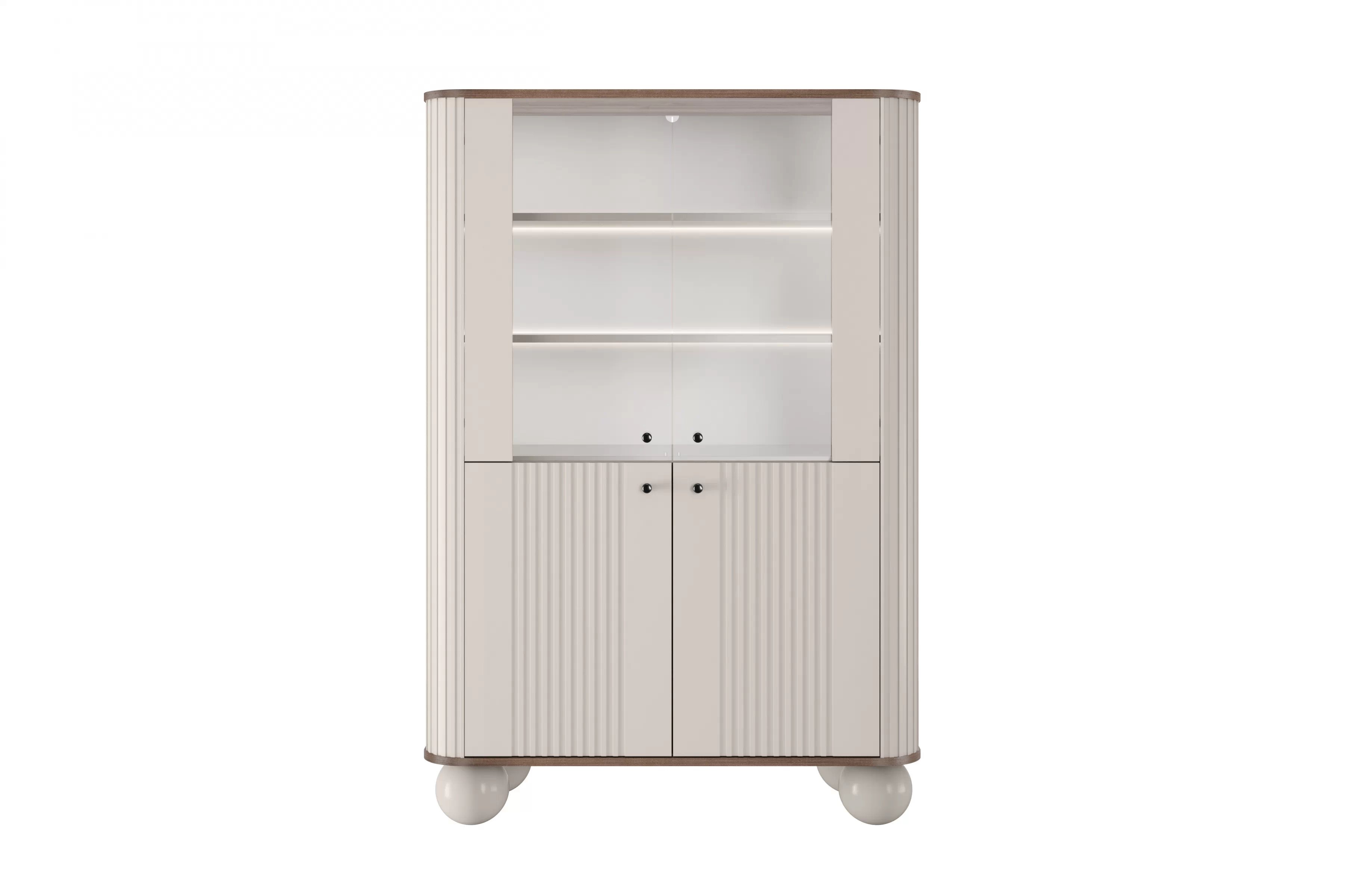 Vitrína Vesper 103 cm - kašmírová / orech / čierne úchytky / guľové nožičky Vitrína Vesper do obývacej izby - kašmír / Orech / čierny úchyty / nožičky kule