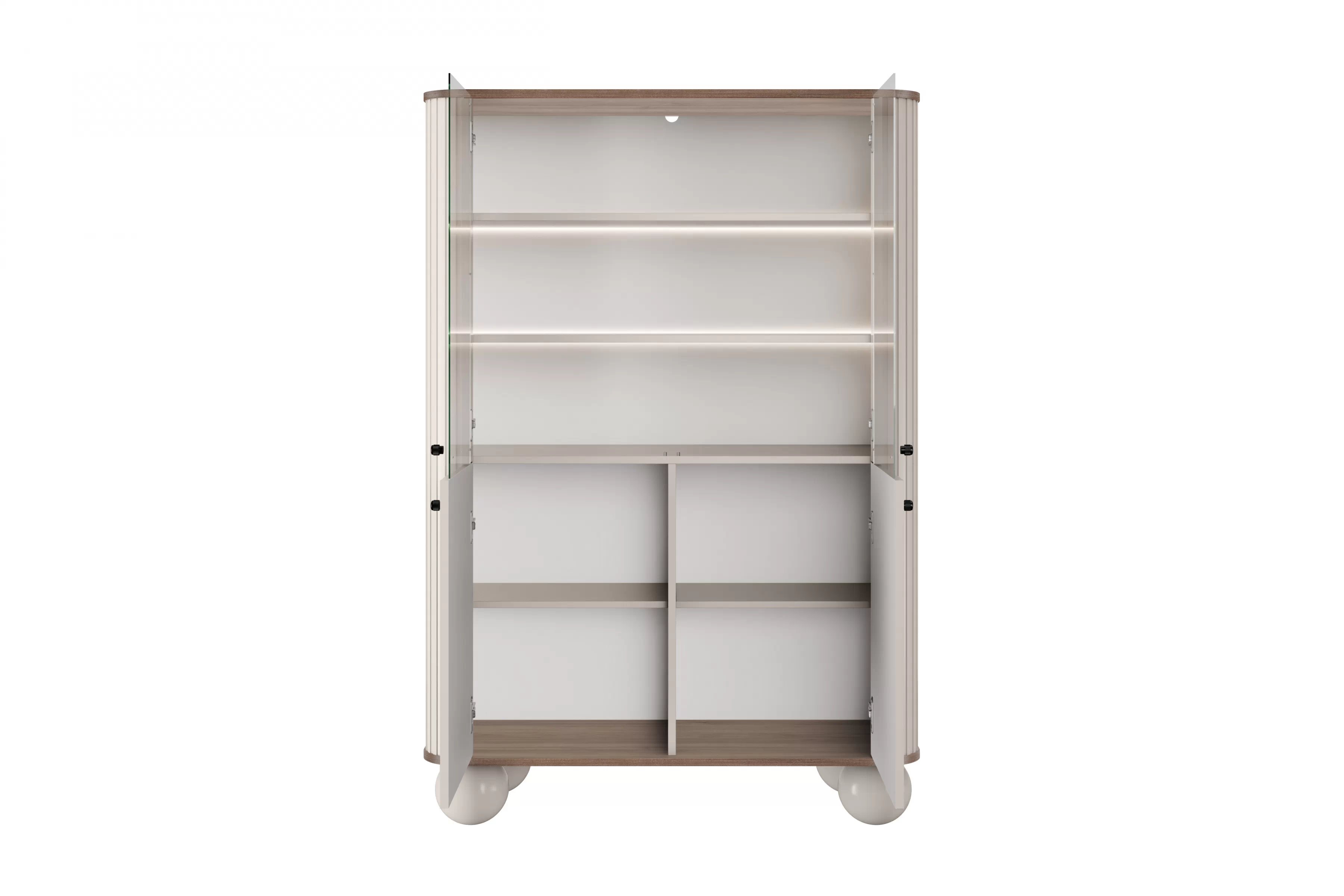 Vitrína Vesper 103 cm - kašmírová / orech / čierne úchytky / guľové nožičky Vitrína Vesper do obývacej izby - kašmír / Orech / čierny úchyty / nožičky kule