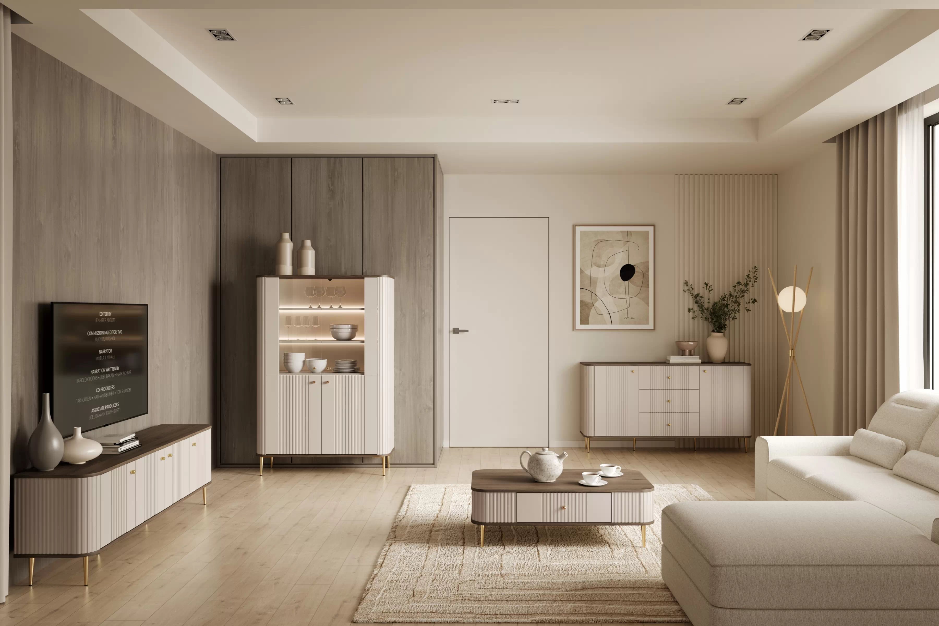 Vitrína Vesper 103 cm - kašmírová / orech / zlaté nožičky Vitrína Vesper do obývacej izby - kašmír / Orech / zlote nožičky