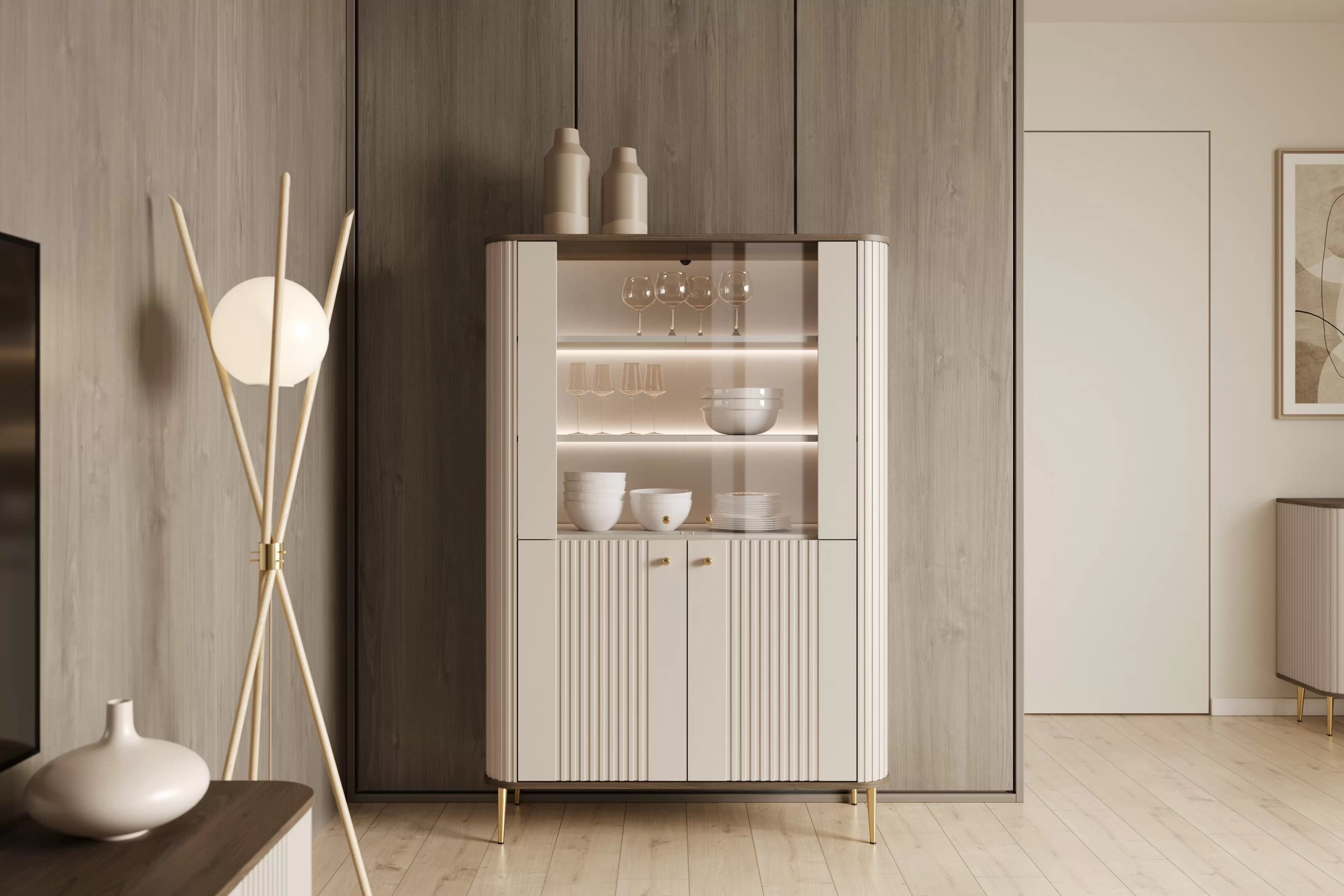 Vitrína Vesper 103 cm - kašmírová / orech / zlaté nožičky Vitrína Vesper do obývacej izby - kašmír / Orech / zlote nožičky
