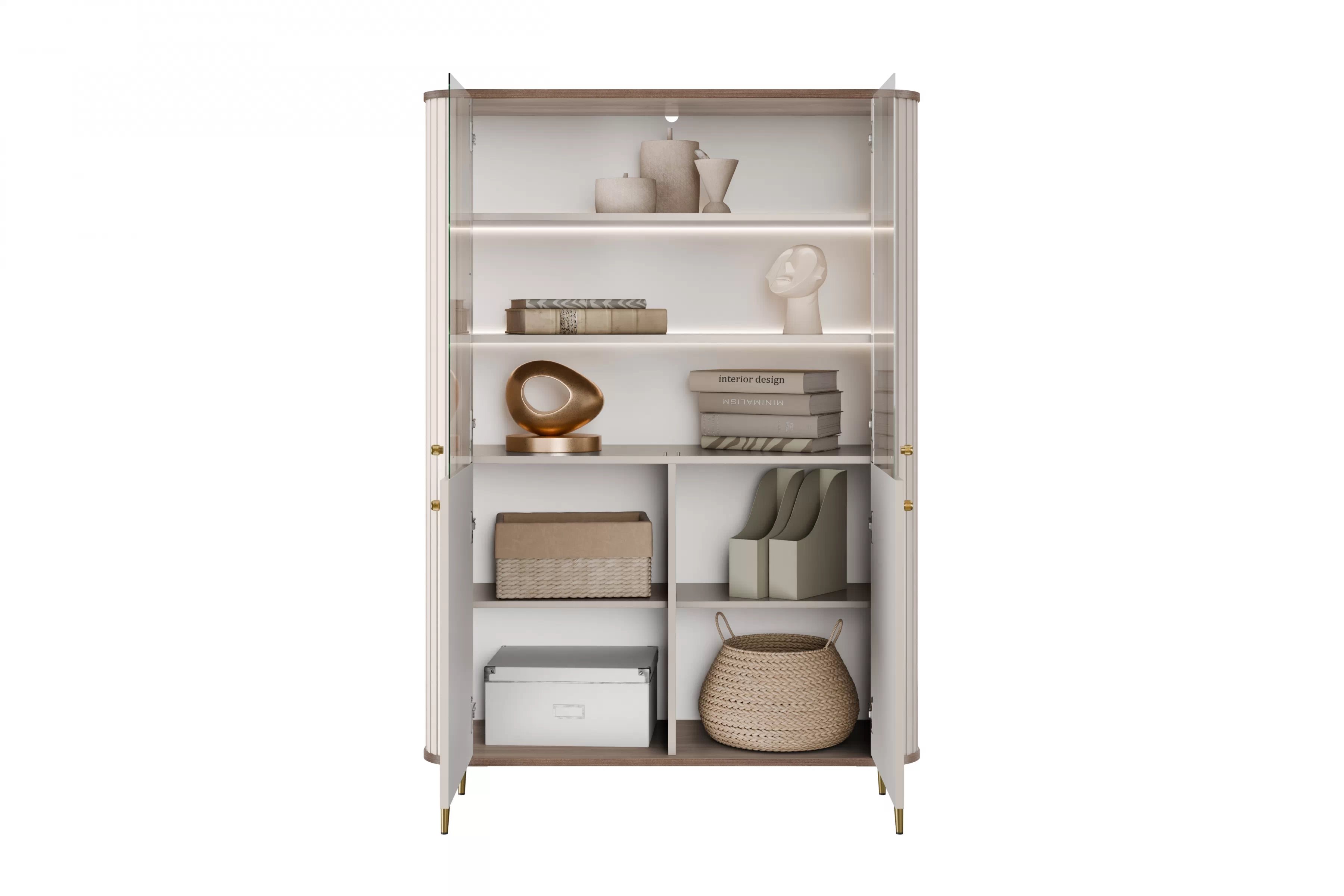 Vitrína Vesper 103 cm - kašmírová / orech / zlaté nožičky Vitrína Vesper do obývacej izby - kašmír / Orech / zlote nožičky