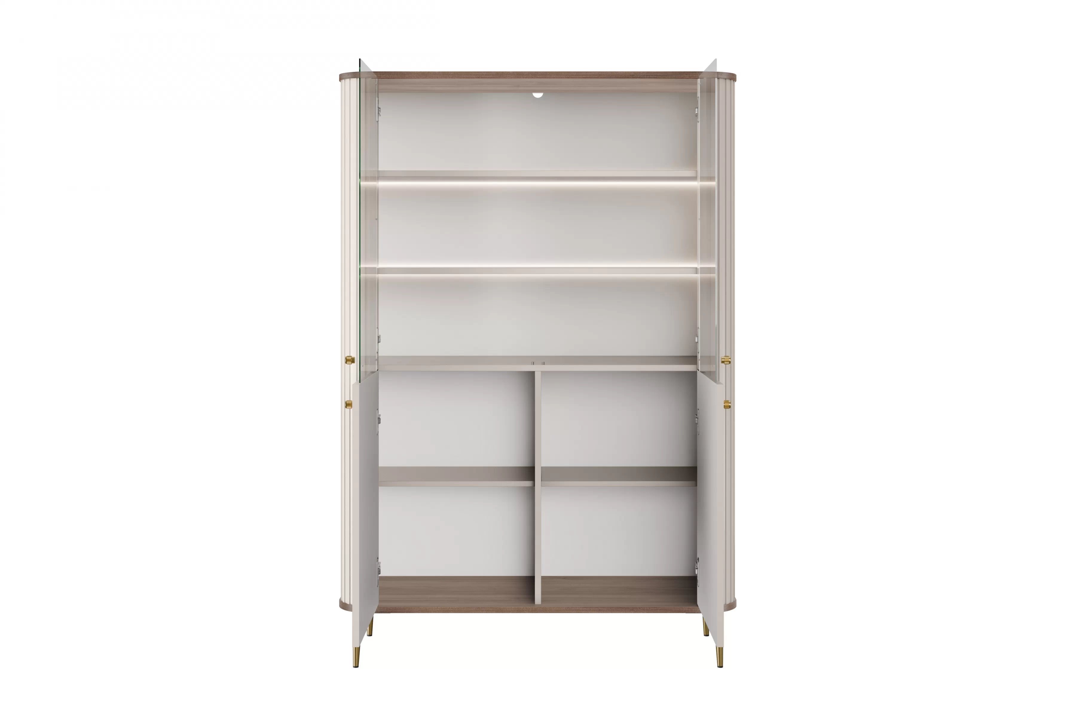 Vitrína Vesper 103 cm - kašmírová / orech / zlaté nožičky Vitrína Vesper do obývacej izby - kašmír / Orech / zlote nožičky