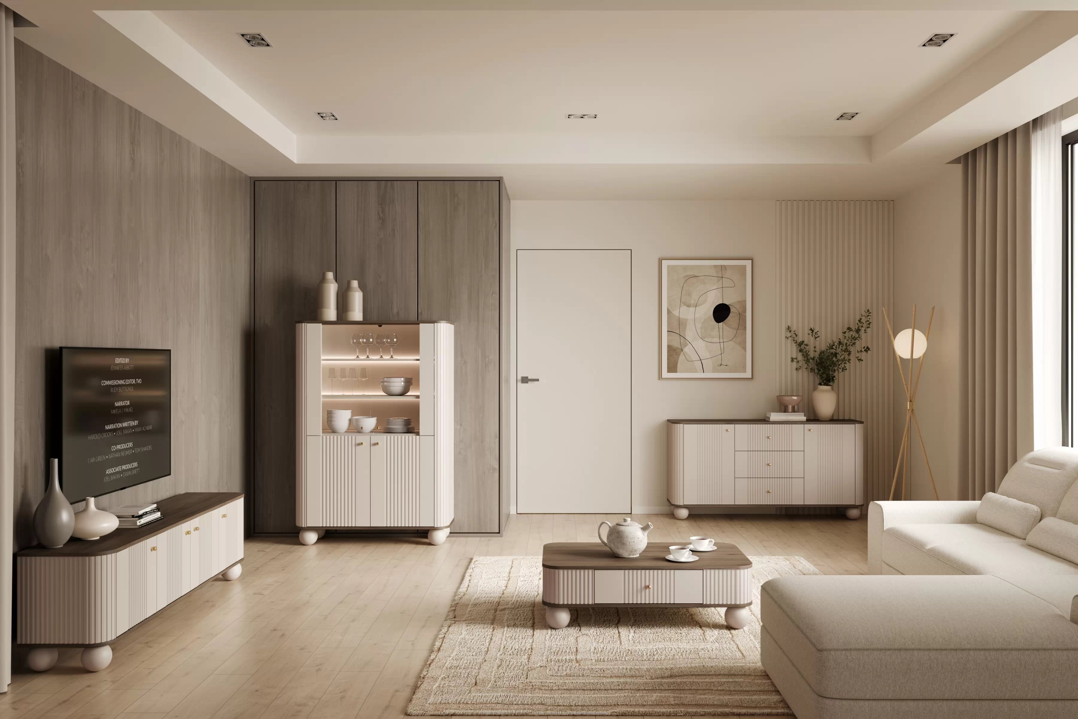 Vitrína Vesper 103 cm - kašmírová / orech / zlaté úchytky / guľové nožičky Vitrína Vesper do obývacej izby - kašmír / Orech / zlote úchyty / nožičky kule