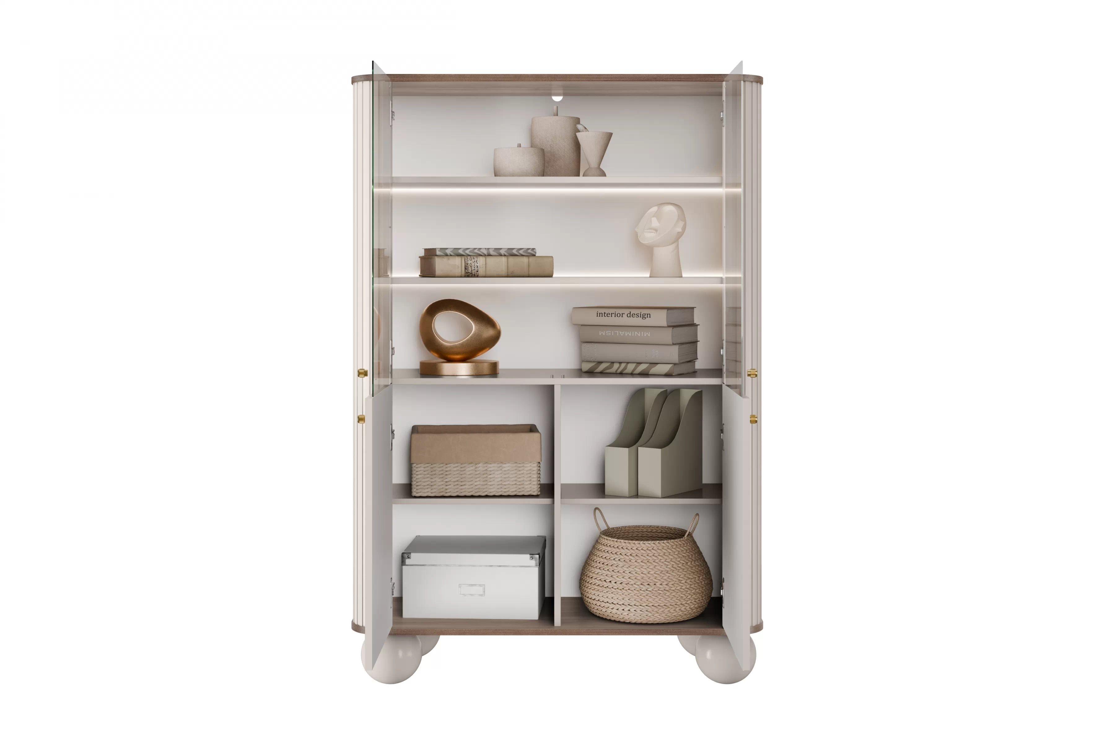 Vitrína Vesper 103 cm - kašmírová / orech / zlaté úchytky / guľové nožičky Vitrína Vesper do obývacej izby - kašmír / Orech / zlote úchyty / nožičky kule