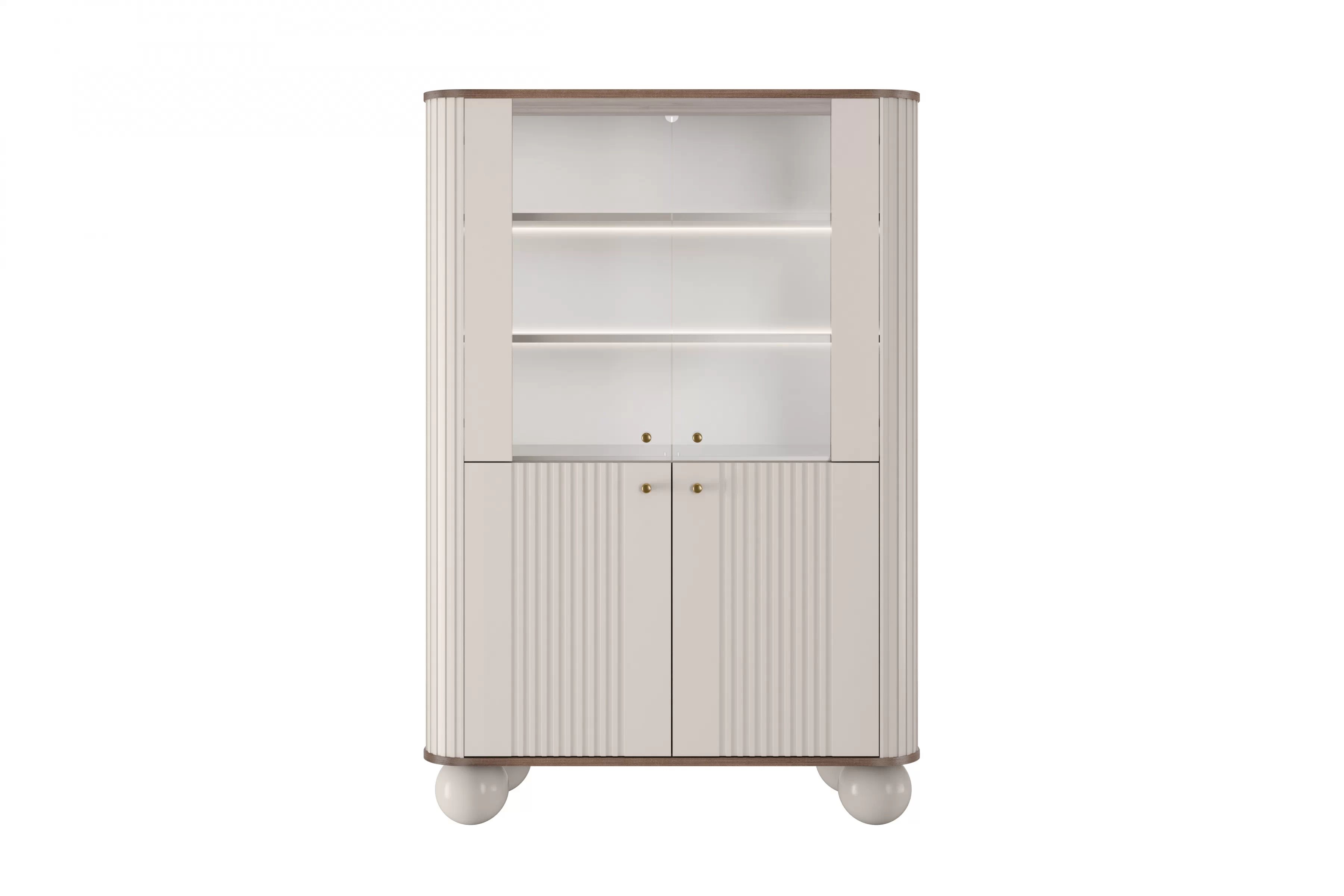 Vitrína Vesper 103 cm - kašmírová / orech / zlaté úchytky / guľové nožičky Vitrína Vesper do obývacej izby - kašmír / Orech / zlote úchyty / nožičky kule