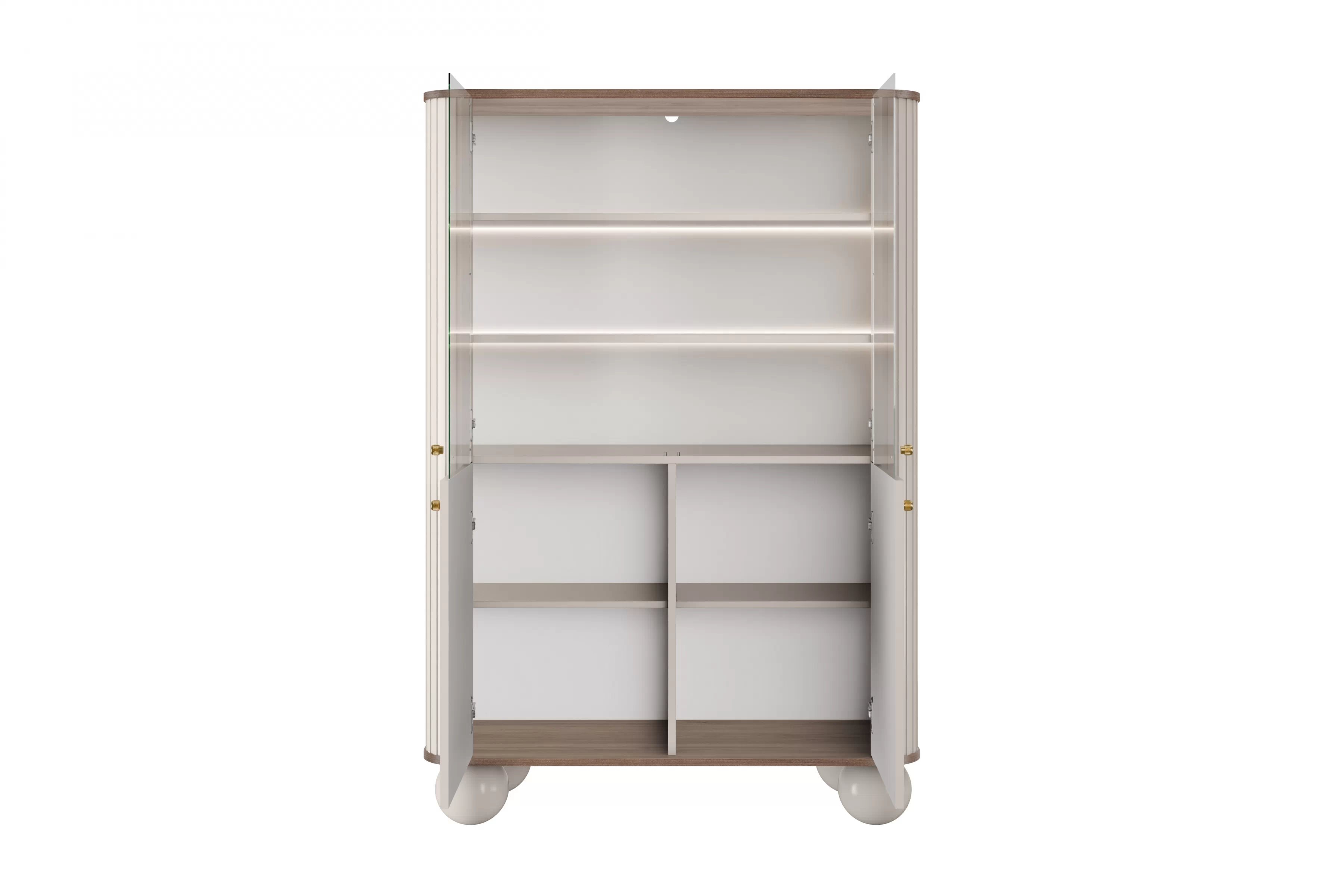 Vitrína Vesper 103 cm - kašmírová / orech / zlaté úchytky / guľové nožičky Vitrína Vesper do obývacej izby - kašmír / Orech / zlote úchyty / nožičky kule