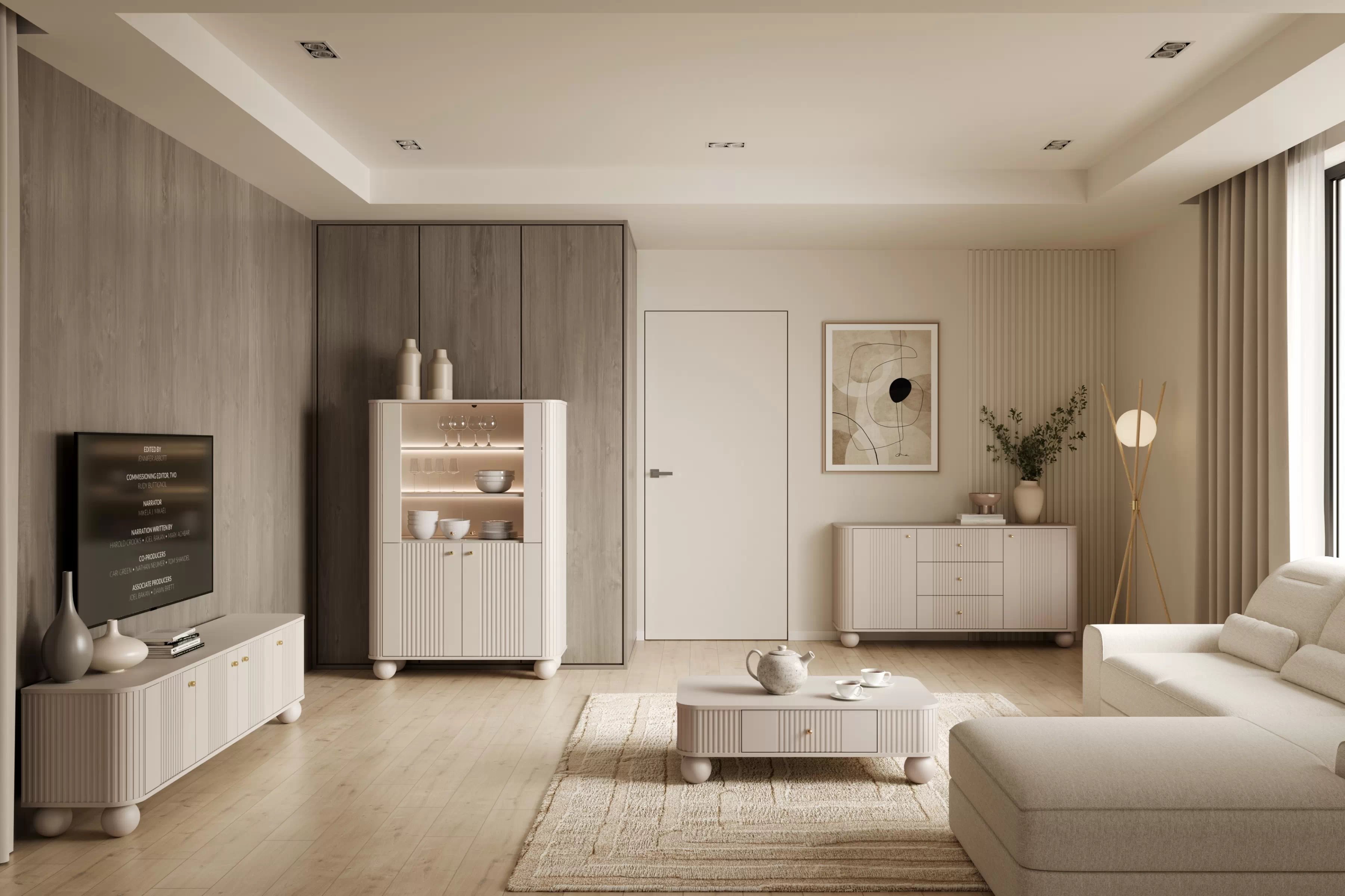 Vitrína Vesper 103 cm - kašmír / zlaté úchyty / kulaté nohy Vitrína Vesper pro obývacího pokoje - kašmír / zlote Úchytky / Nohy kule