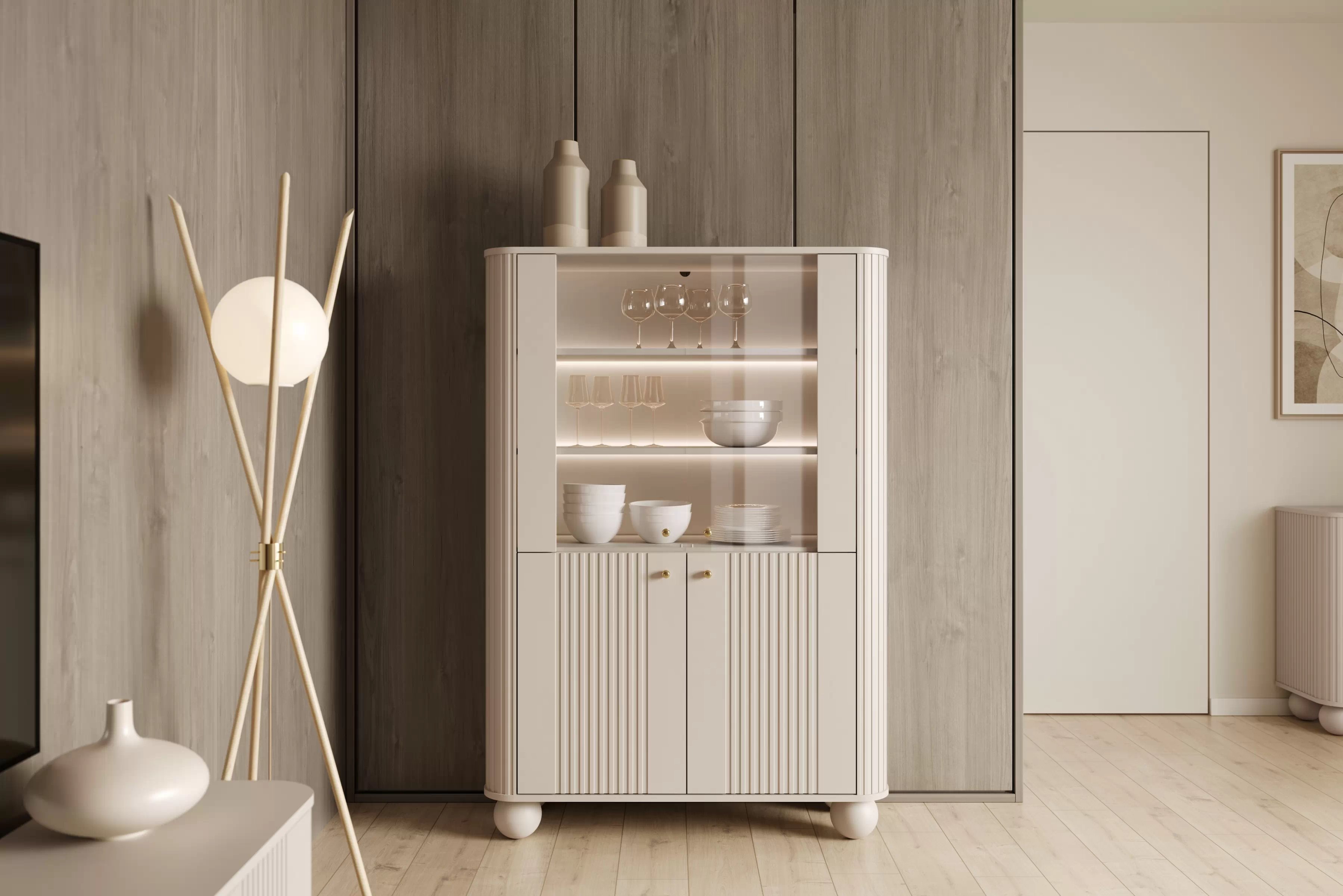 Vitrína Vesper 103 cm - kašmír / zlaté úchyty / kulaté nohy Vitrína Vesper pro obývacího pokoje - kašmír / zlote Úchytky / Nohy kule