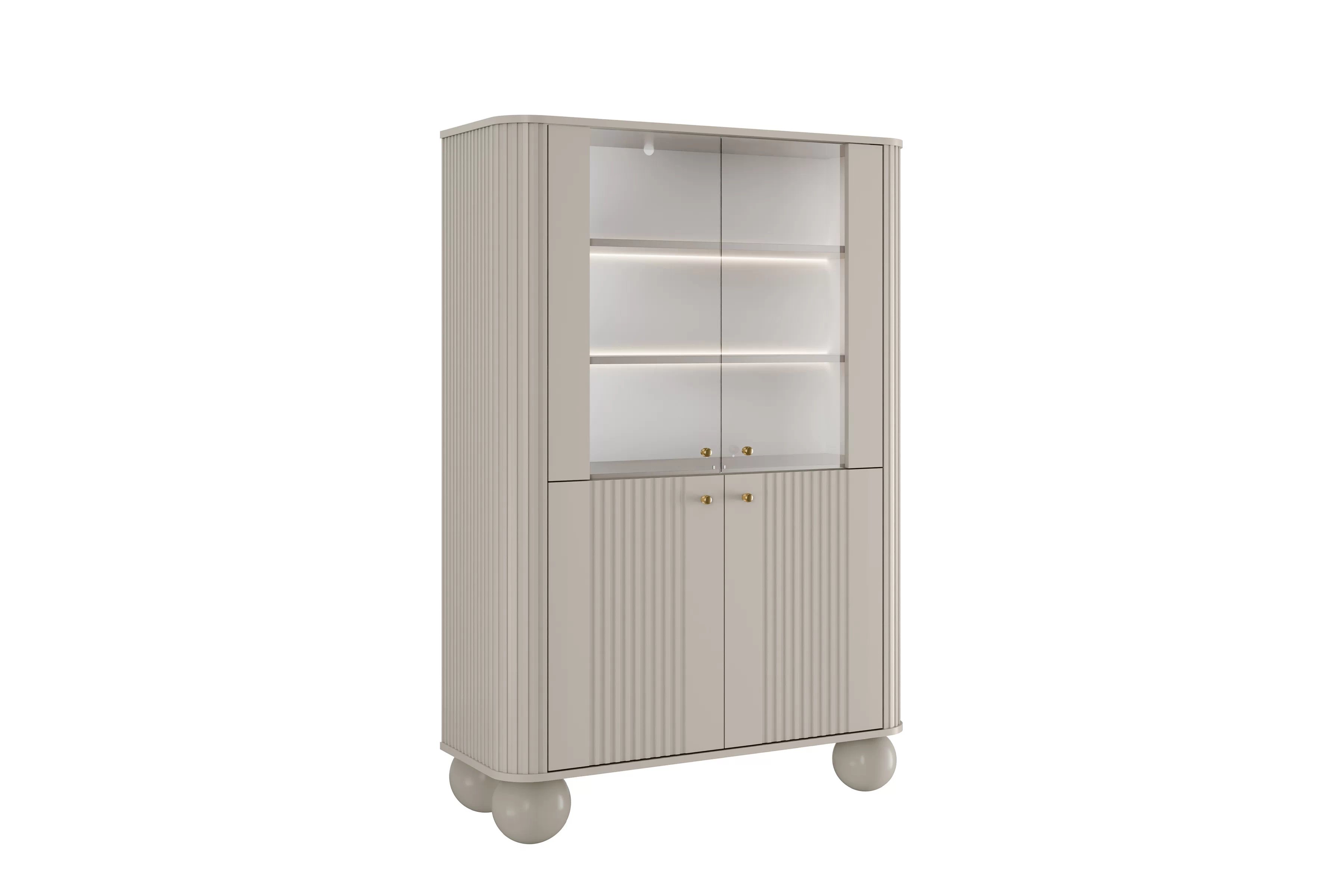Vitrína Vesper 103 cm štvordverová - kašmír / zlaté úchytky / guľaté nohy Vitrína Vesper do obývacej izby - kašmír / zlote úchyty / nožičky kule