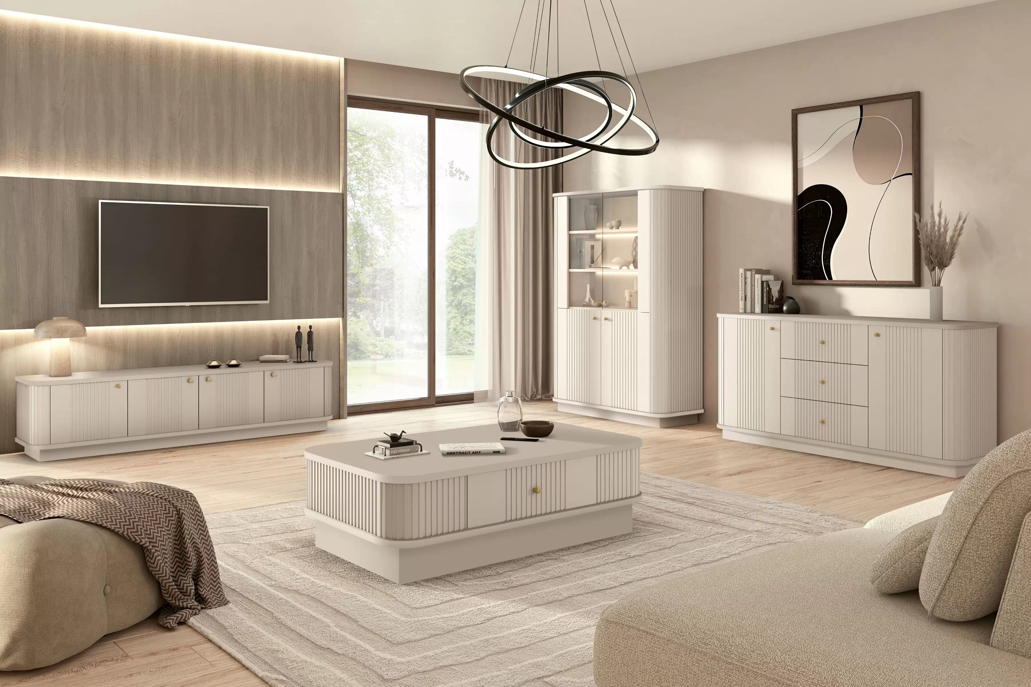 Vitrína Vesper 103 cm na sokli - kašmírová / zlatá Vitrína Vesper do obývacej izby - kašmír / zlote úchyty