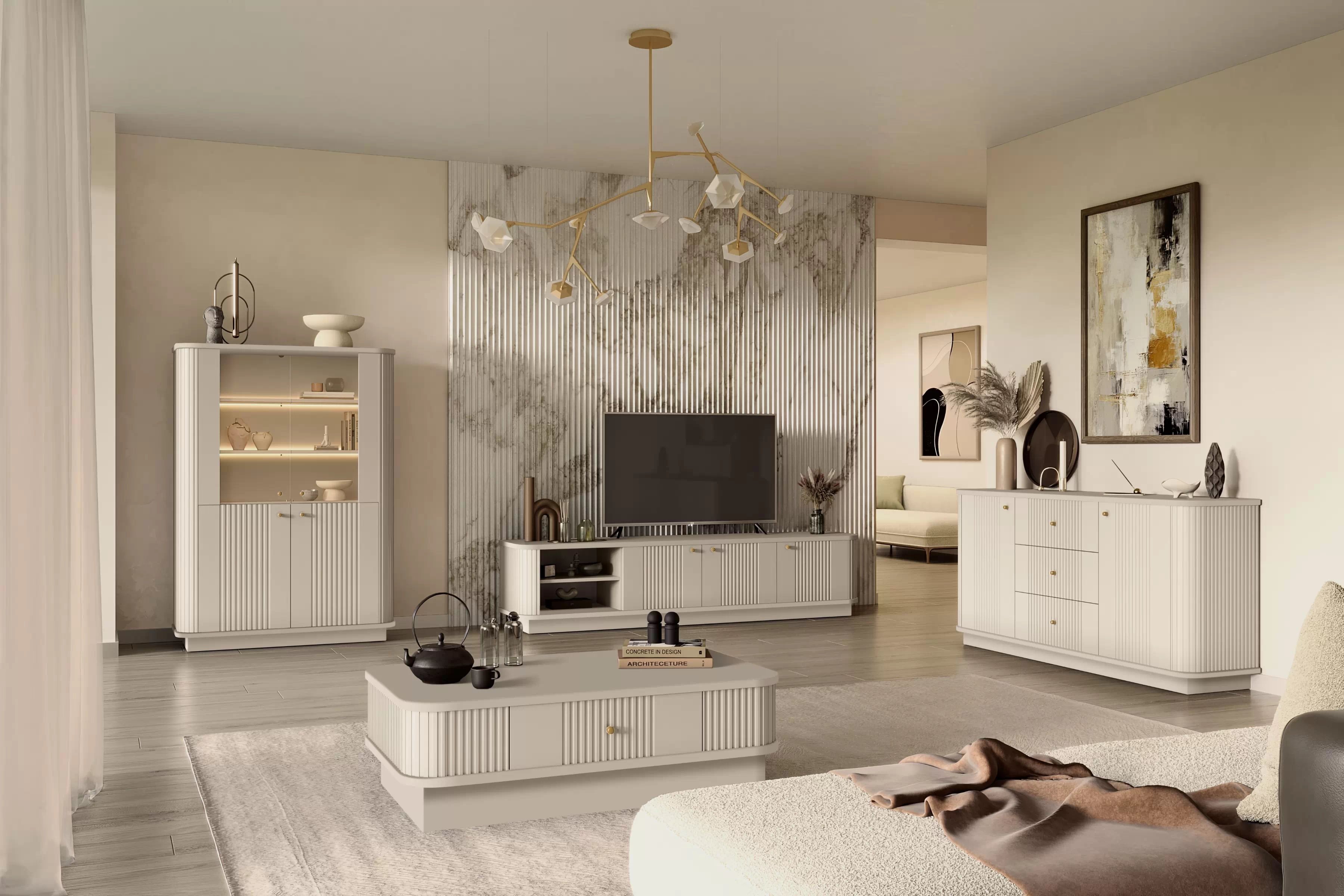 Vitrína Vesper 103 cm na sokli - kašmírová / zlatá Vitrína Vesper do obývacej izby - kašmír / zlote úchyty