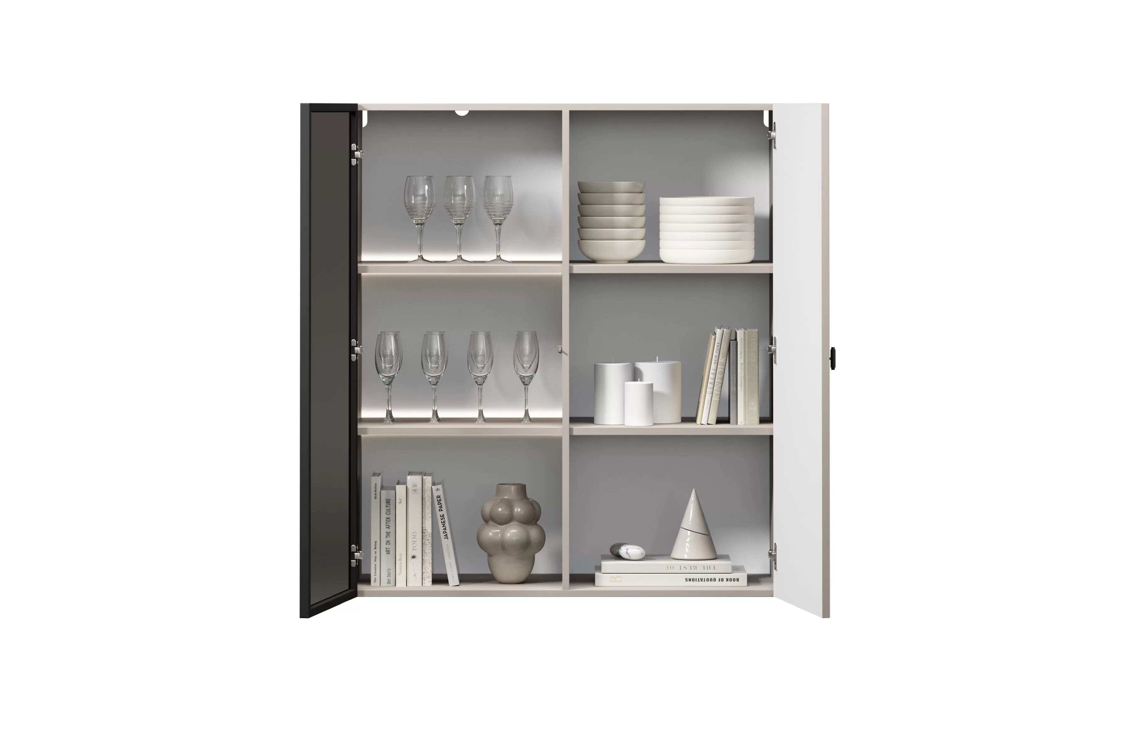 Závěsná vitrína Lorini 100 cm - kašmírová / černá úchytka T-bar Vitrína závěsná Lorini pro obývacího pokoje 100 cm - kašmír / černá uchwyt T-bar