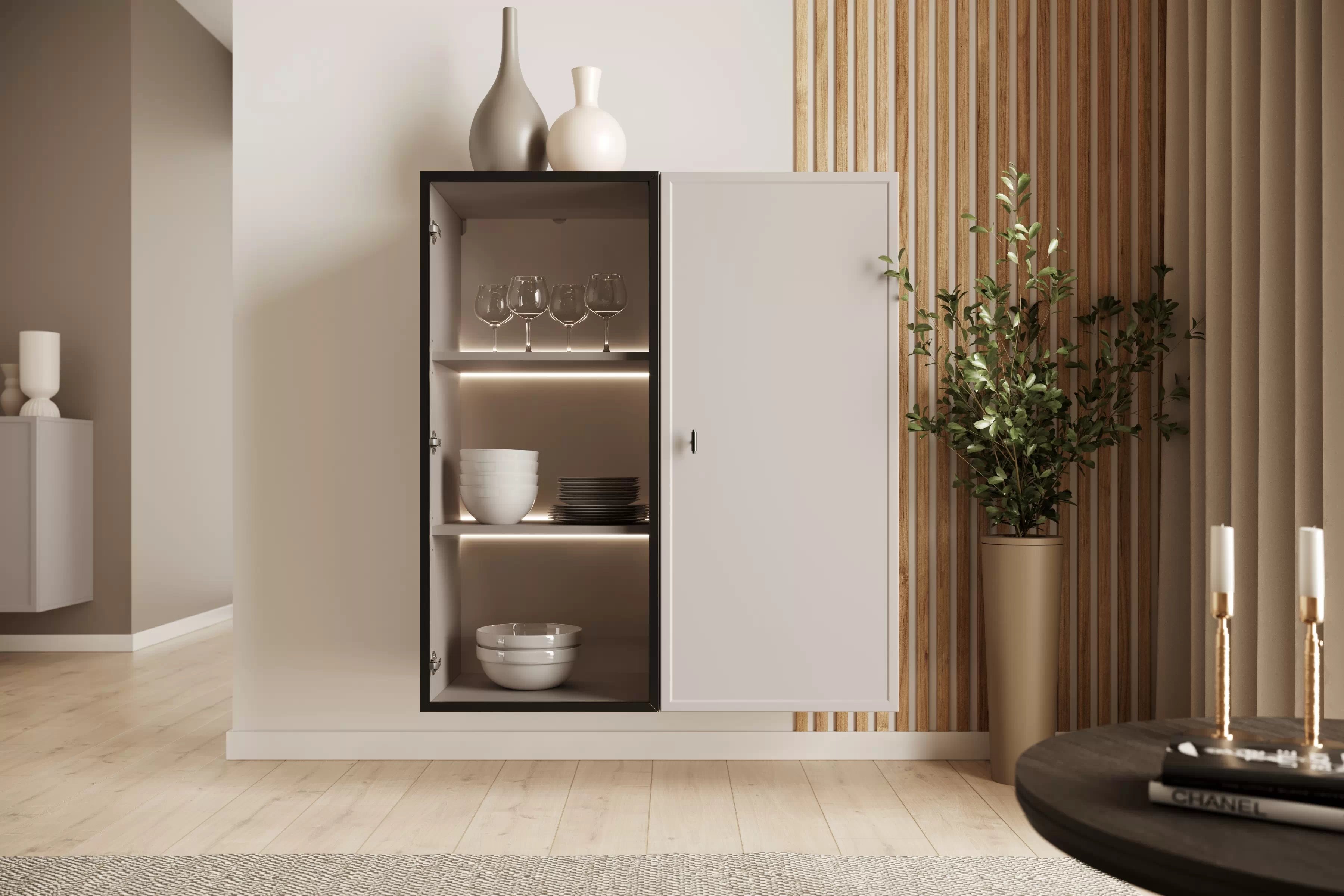 Závěsná vitrína Lorini 100 cm - kašmírová / černá úchytka T-bar Vitrína závěsná Lorini pro obývacího pokoje 100 cm - kašmír / černá uchwyt T-bar