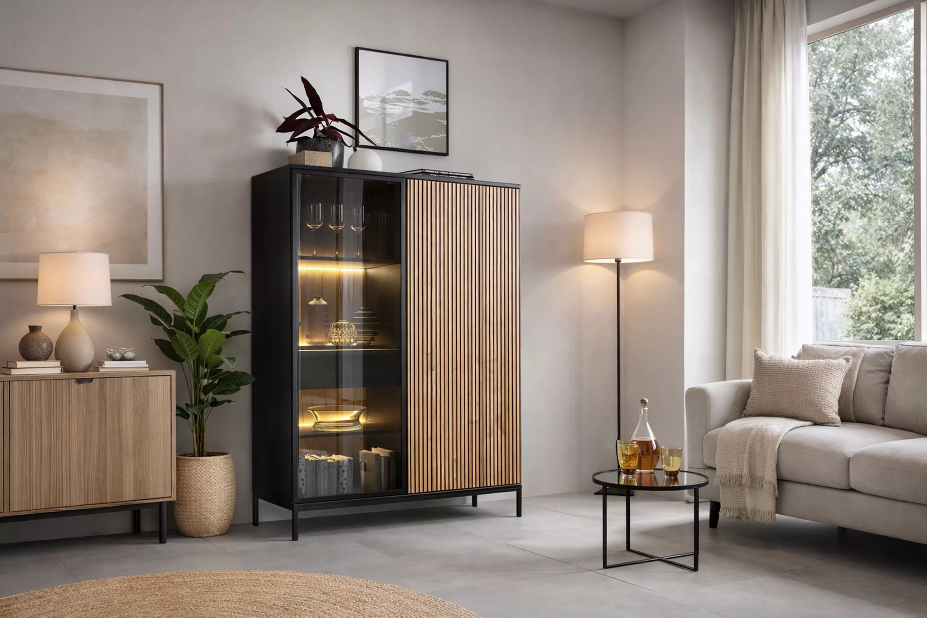 Vitrína Bogalo s ukrytou zásuvkou a LED - čierna / dub wotan Vitrína vysoká Bogalo z ukryta szuflada i oswietleniem LED - Čierny / Dub wotan