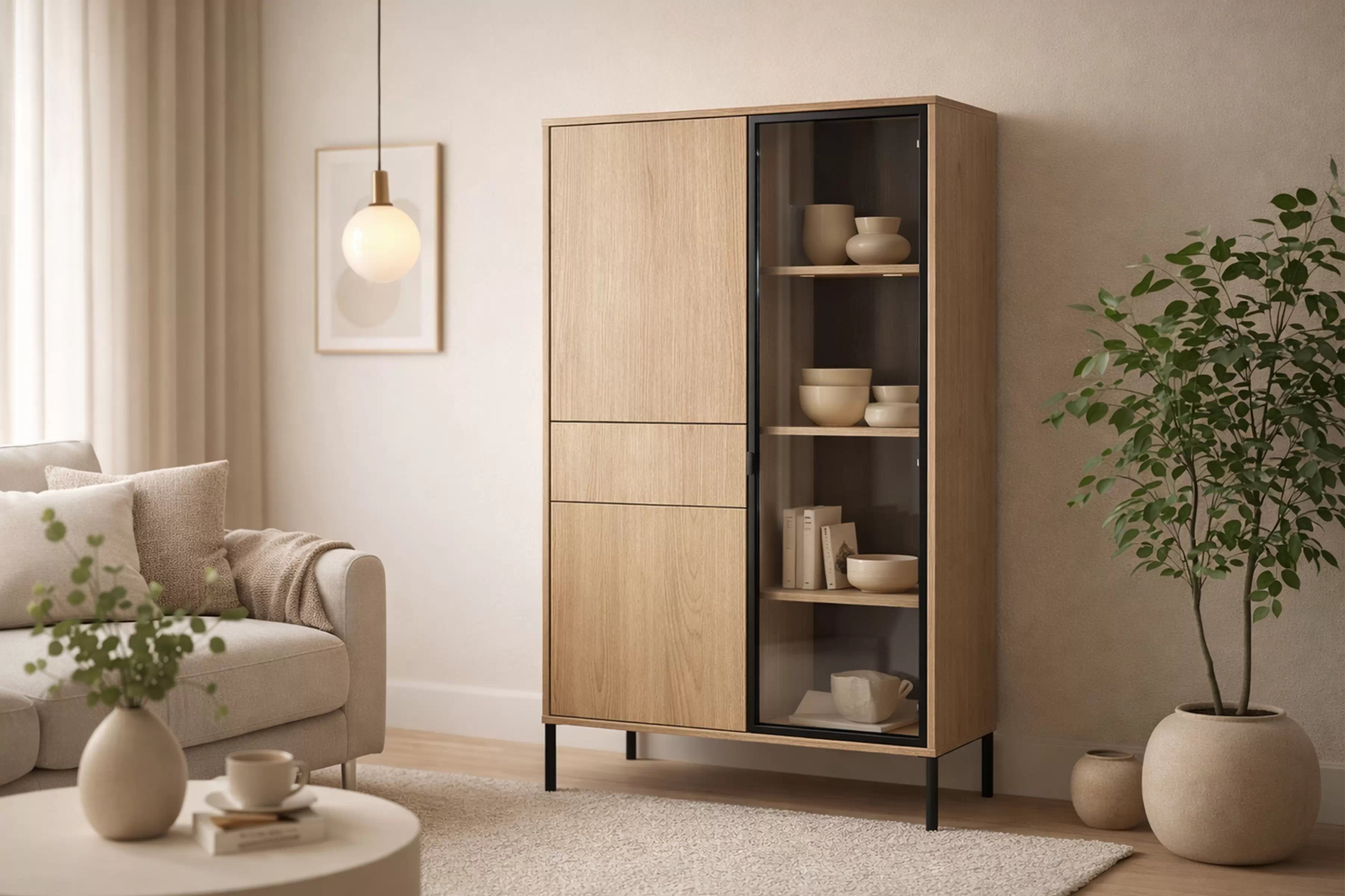 Vysoká vitrína Harmona 92 cm so zásuvkou a osvetlením - dub lindberg Vitrína vysoká Harmona 92 cm z szuflada i oswietleniem - Dub lindberg