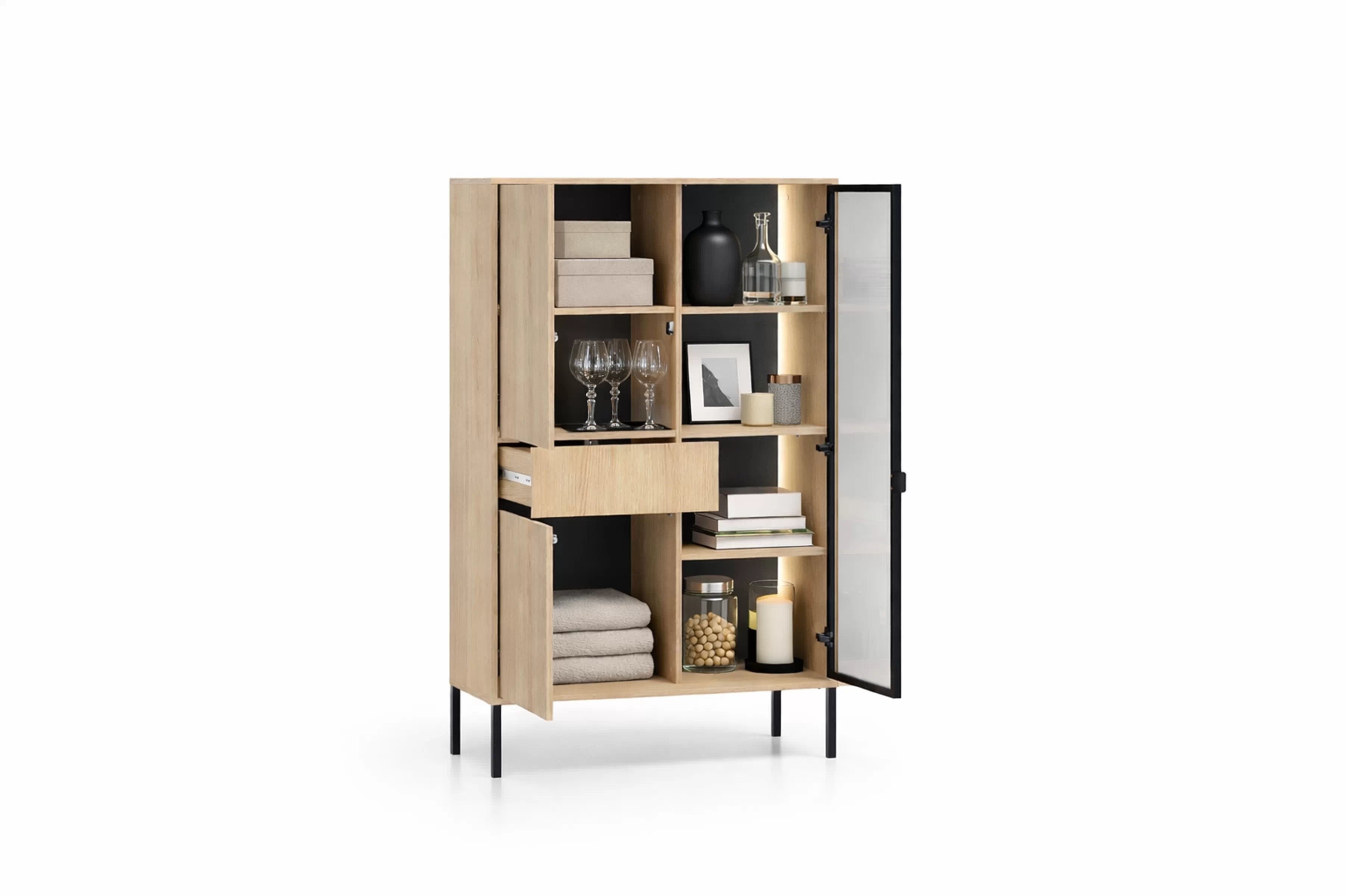 Vysoká vitrína Harmona 92 cm so zásuvkou a osvetlením - dub lindberg Vitrína vysoká Harmona 92 cm z szuflada i oswietleniem - Dub lindberg