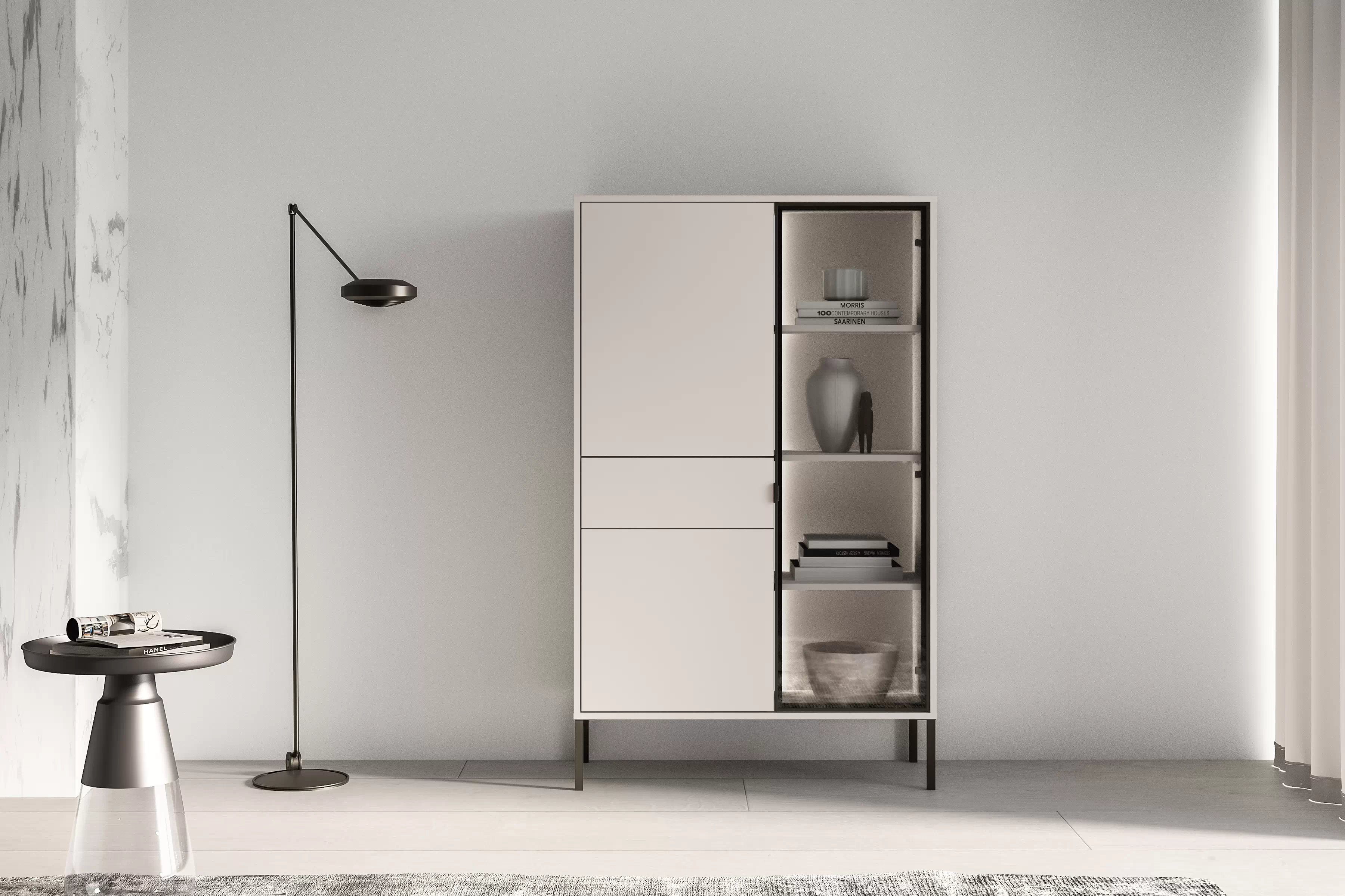 Vysoká vitrína Harmona 92 cm se zásuvkou a osvětlením - kašmír Vitrína vysoká Harmona 92 cm z szuflada i oswietleniem - kašmír