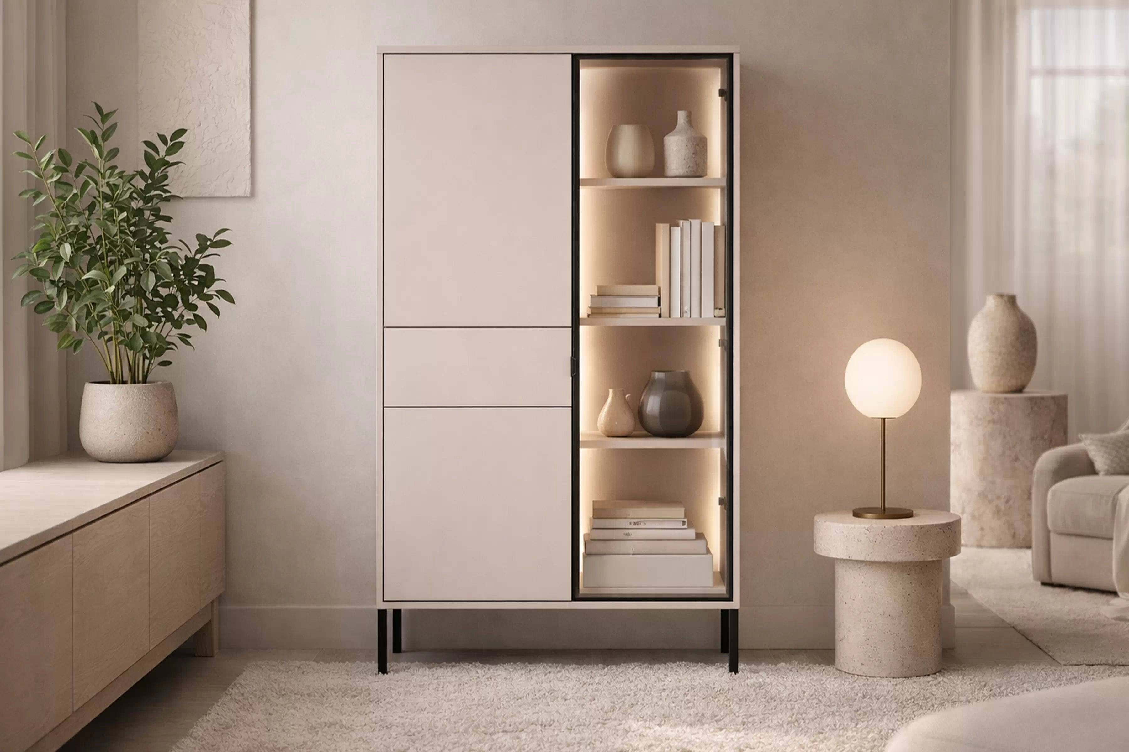 Vysoká vitrína Harmona 92 cm so zásuvkou a osvetlením - kašmír Vitrína vysoká Harmona 92 cm z szuflada i oswietleniem - kašmír