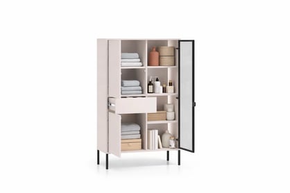 Vysoká vitrína Harmona 92 cm so zásuvkou a osvetlením - kašmír Vitrína vysoká Harmona 92 cm z szuflada i oswietleniem - kašmír