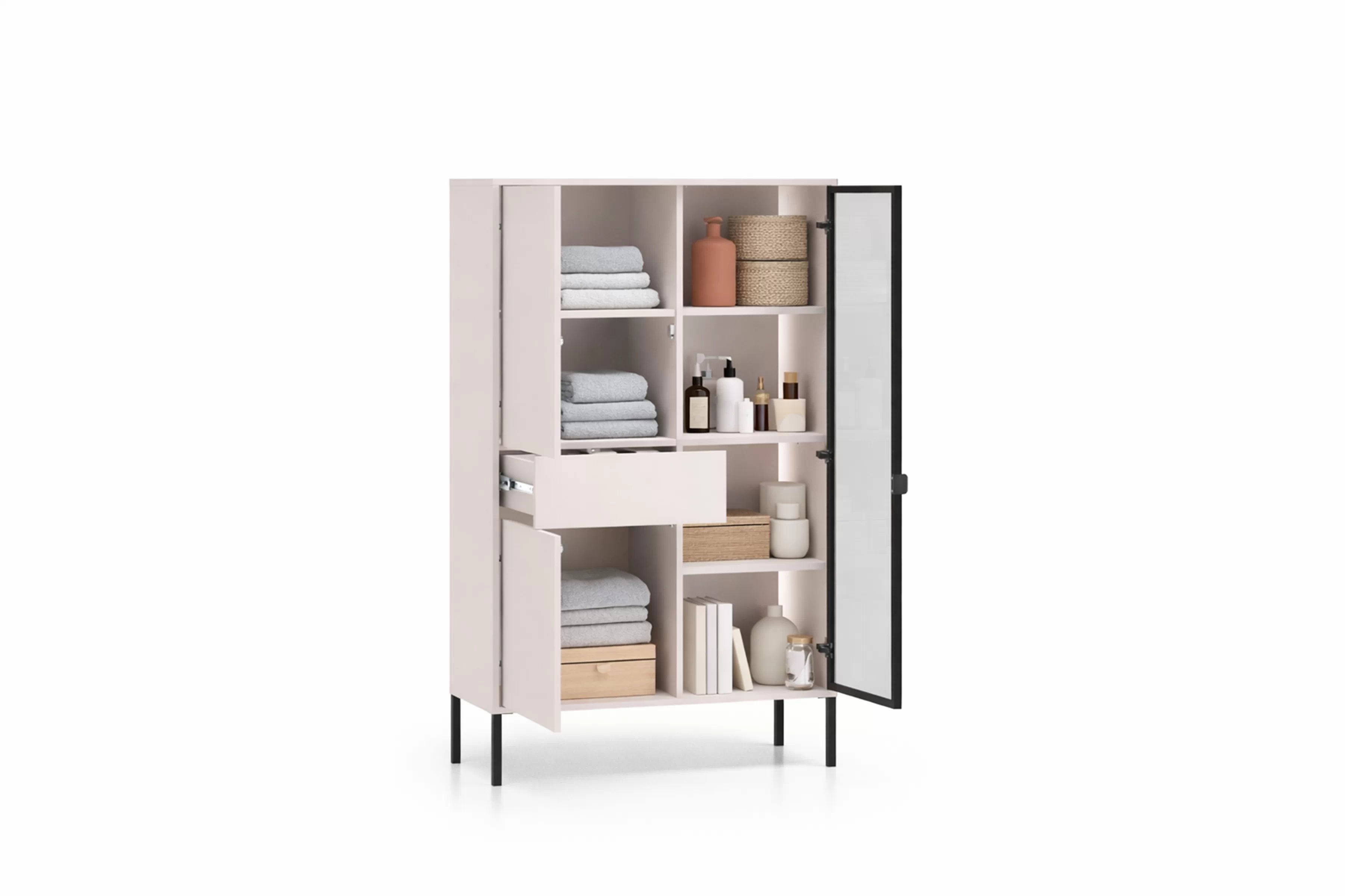 Vysoká vitrína Harmona 92 cm so zásuvkou a osvetlením - kašmír Vitrína vysoká Harmona 92 cm z szuflada i oswietleniem - kašmír