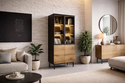 Vysoká vitrína Noro 100 cm s LED osvětlením - dub evoke / černá Vitrína vysoká Noro 100 cm s osvětlením LED - dub evoke / černá