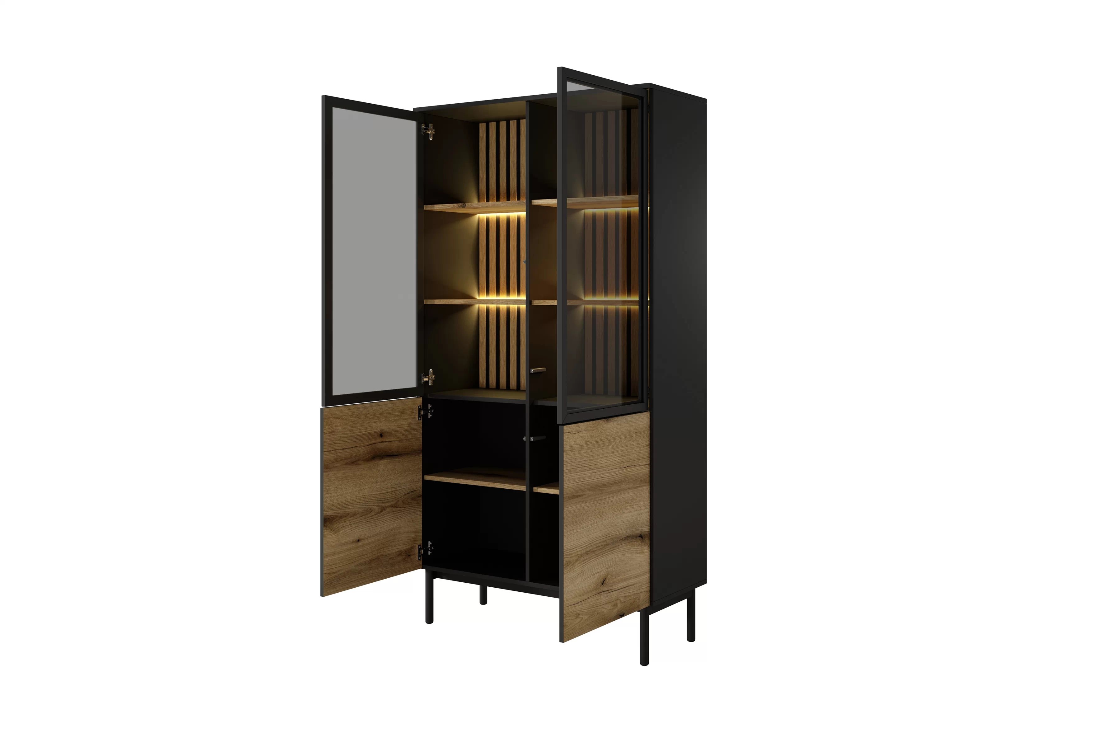 Vysoká vitrína Noro 100 cm s LED osvetlením - dub evoke / čierna Vitrína vysoká Noro 100 cm s osvetlením LED - Dub evoke / Čierny