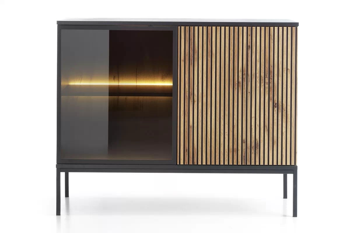 Dvoudveřová komoda Bogalo s frézovanými čely a LED osvětlením - černý / dub wotan Komoda dwudrzwowa Bogalo s frézovanými frontem a osvětlením LED - Černý /  Dub wotan - přední část