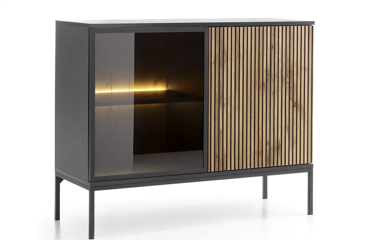 Dvoudveřová komoda Bogalo s frézovanými čely a LED osvětlením - černý / dub wotan Komoda dwudrzwowa Bogalo s frézovanými frontem a osvětlením LED - Černý /  Dub wotan