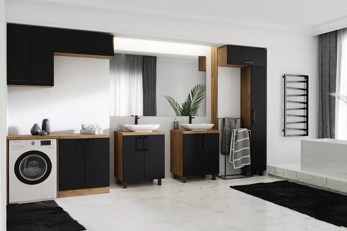 Kúpeľňová skrinka Mindel 60 cm pod umývadlo - zlatý dub craft / čierna Skrinka lazienkowa pod umywalke Mindel - zlaté craft / Čierny 