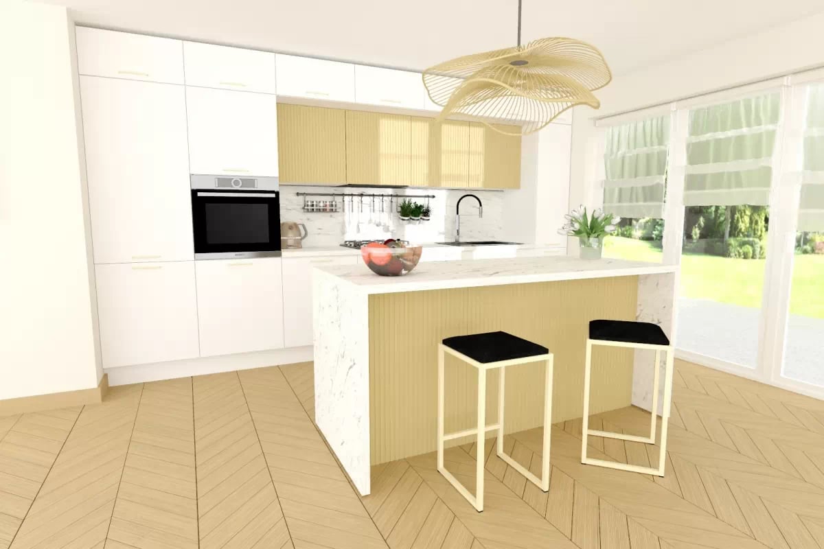 Kuchyňský ostrov Kammono 120 cm - mramor carrara / lamele karmel Wyspa kuchyňská KAMMONO 120cm - mramor carrara / lamele karmel