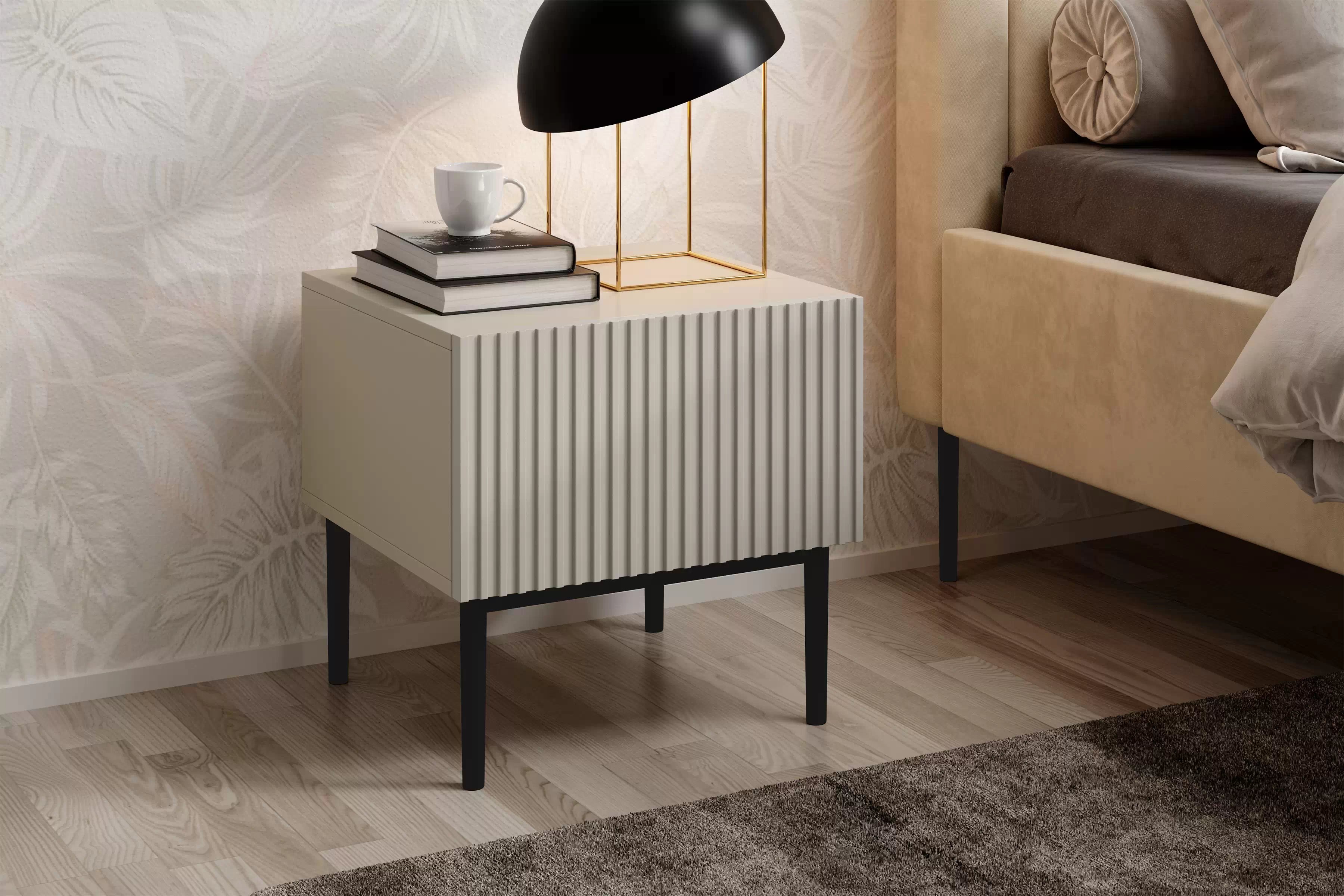 Sada nočních stolků Nicole 46 cm - kašmír / černé nožky Komplet 2 ks Noční stolek stolek Nicole z szuflada i metalowymi nogami - kašmír / černá nozki