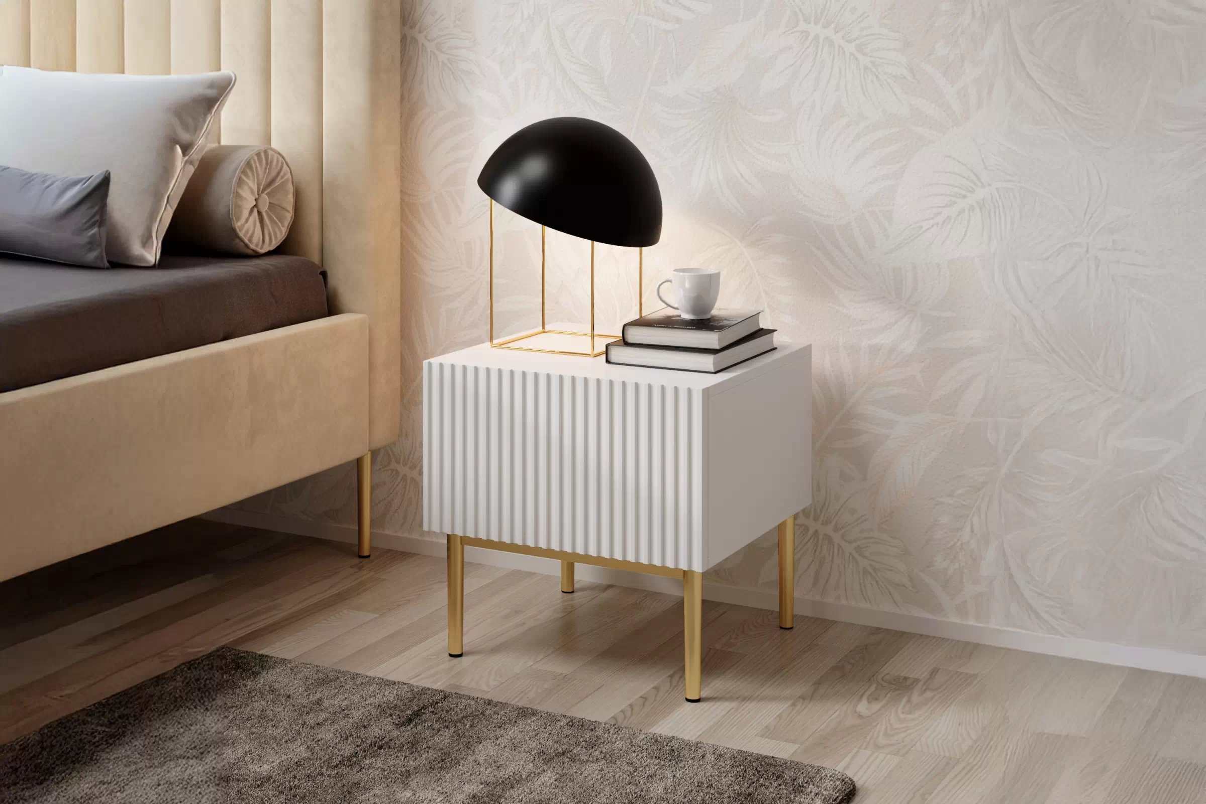 Sada nočných stolíkov Nicole 2 ks - biely mat / zlaté nožičky Komplet 2 ks. Nočný Stolík Stolík z szuflada i metalowymi nogach Nicole - biely mat / zlote nozki